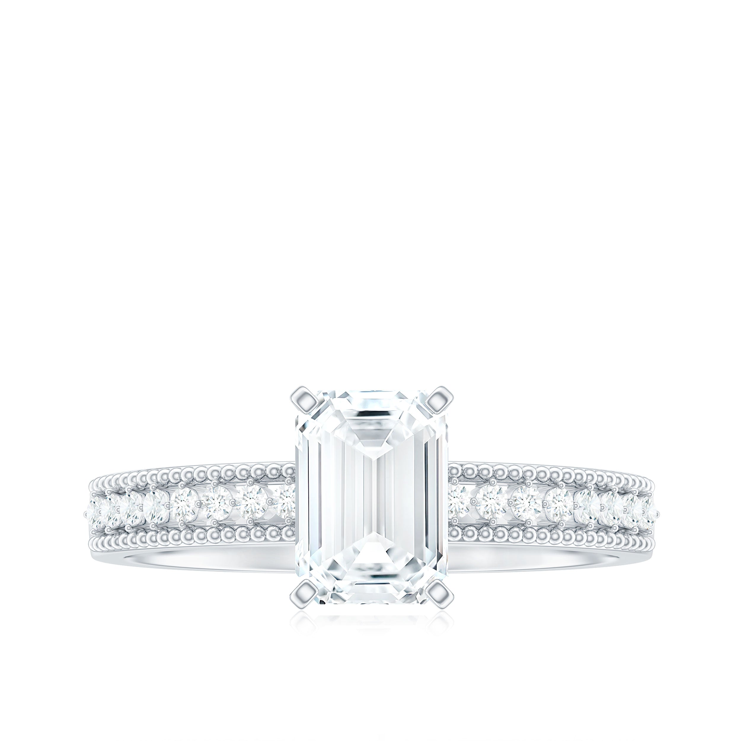 1.8 Carat Emerald Cut Moissanite Solitaire Engagement Ring with Beaded Details