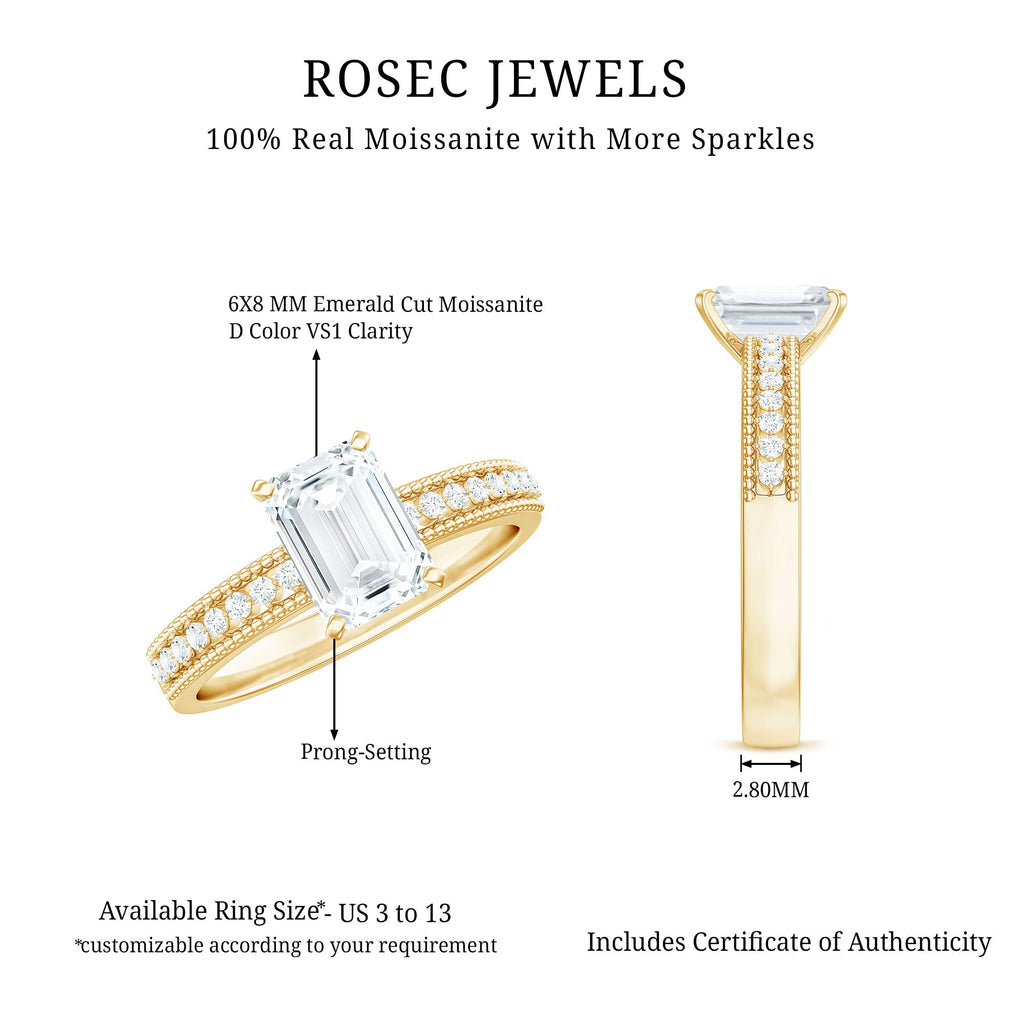 1.8 Carat Emerald Cut Moissanite Solitaire Engagement Ring with Beaded Details