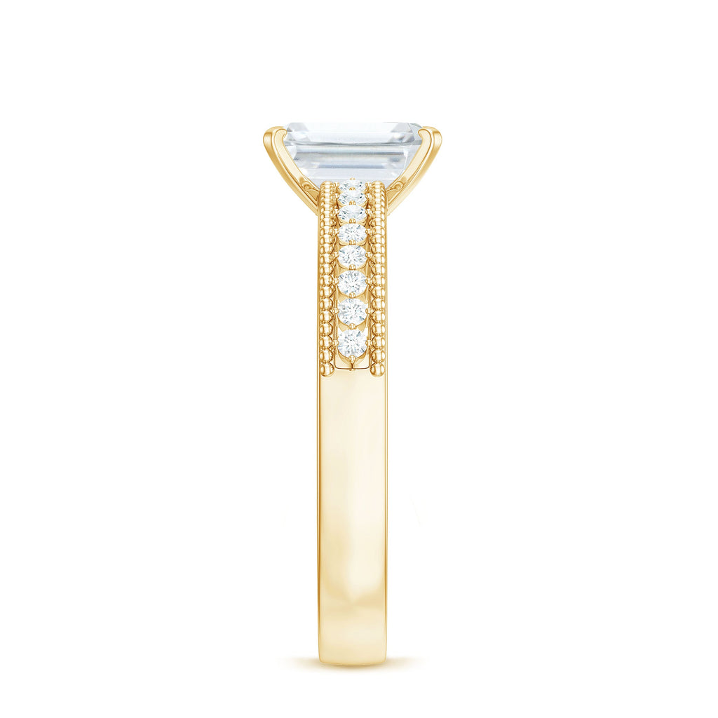 1.8 Carat Emerald Cut Moissanite Solitaire Engagement Ring with Beaded Details
