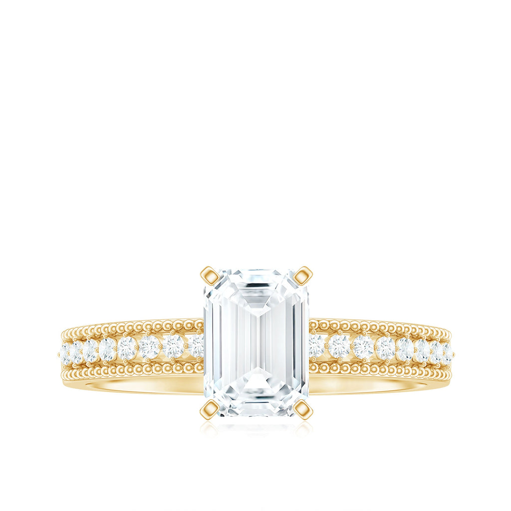 1.8 Carat Emerald Cut Moissanite Solitaire Engagement Ring with Beaded Details