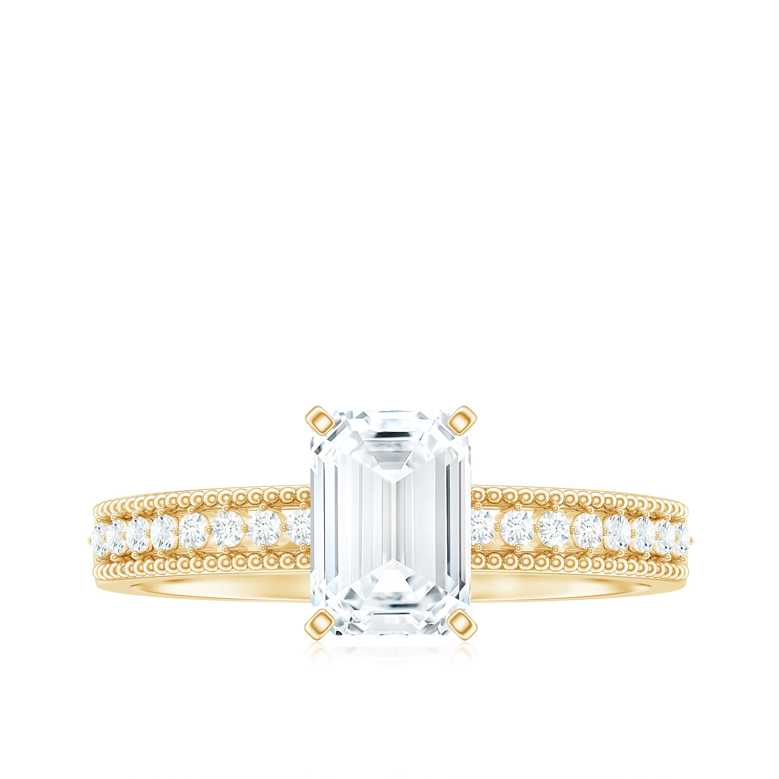1.8 Carat Emerald Cut Moissanite Solitaire Engagement Ring with Beaded Details