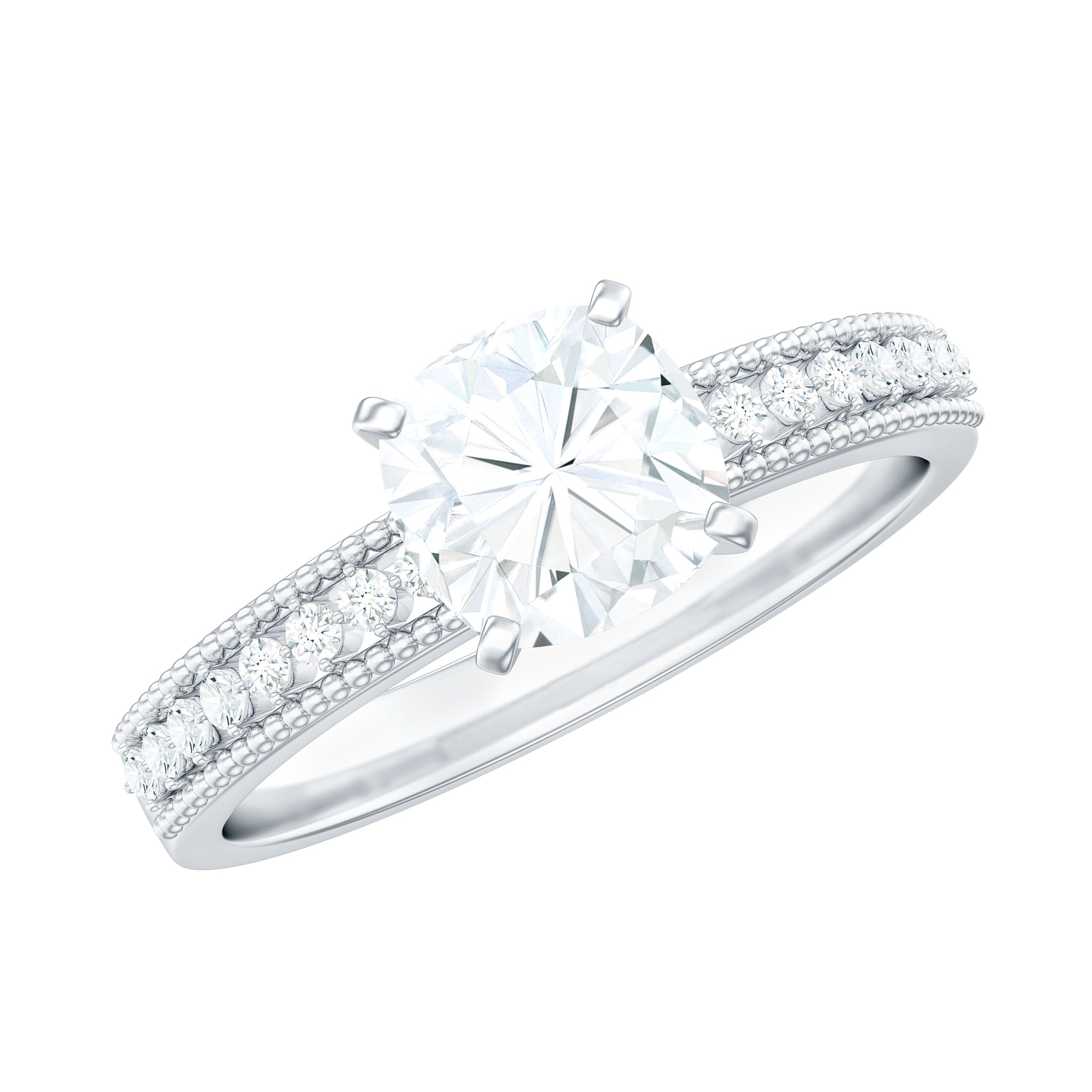 1.7 Carat Cushion Cut Moissanite Solitaire Engagement Ring with Beaded Details