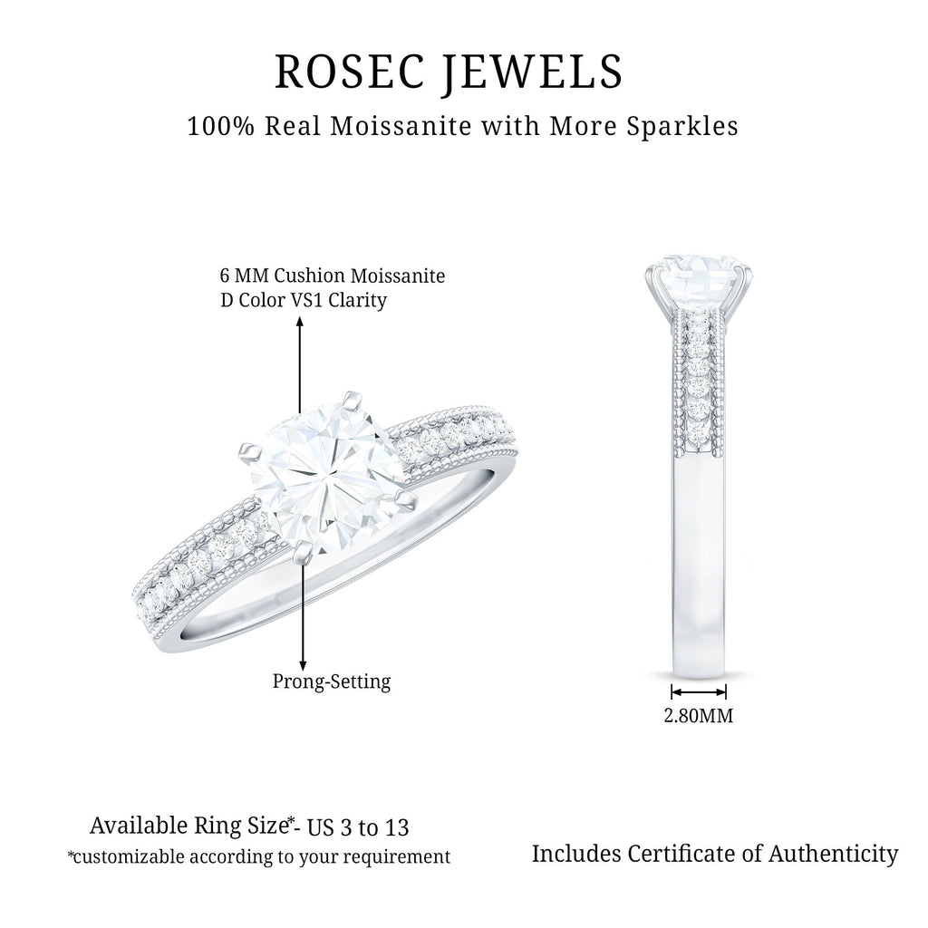 1.7 Carat Cushion Cut Moissanite Solitaire Engagement Ring with Beaded Details