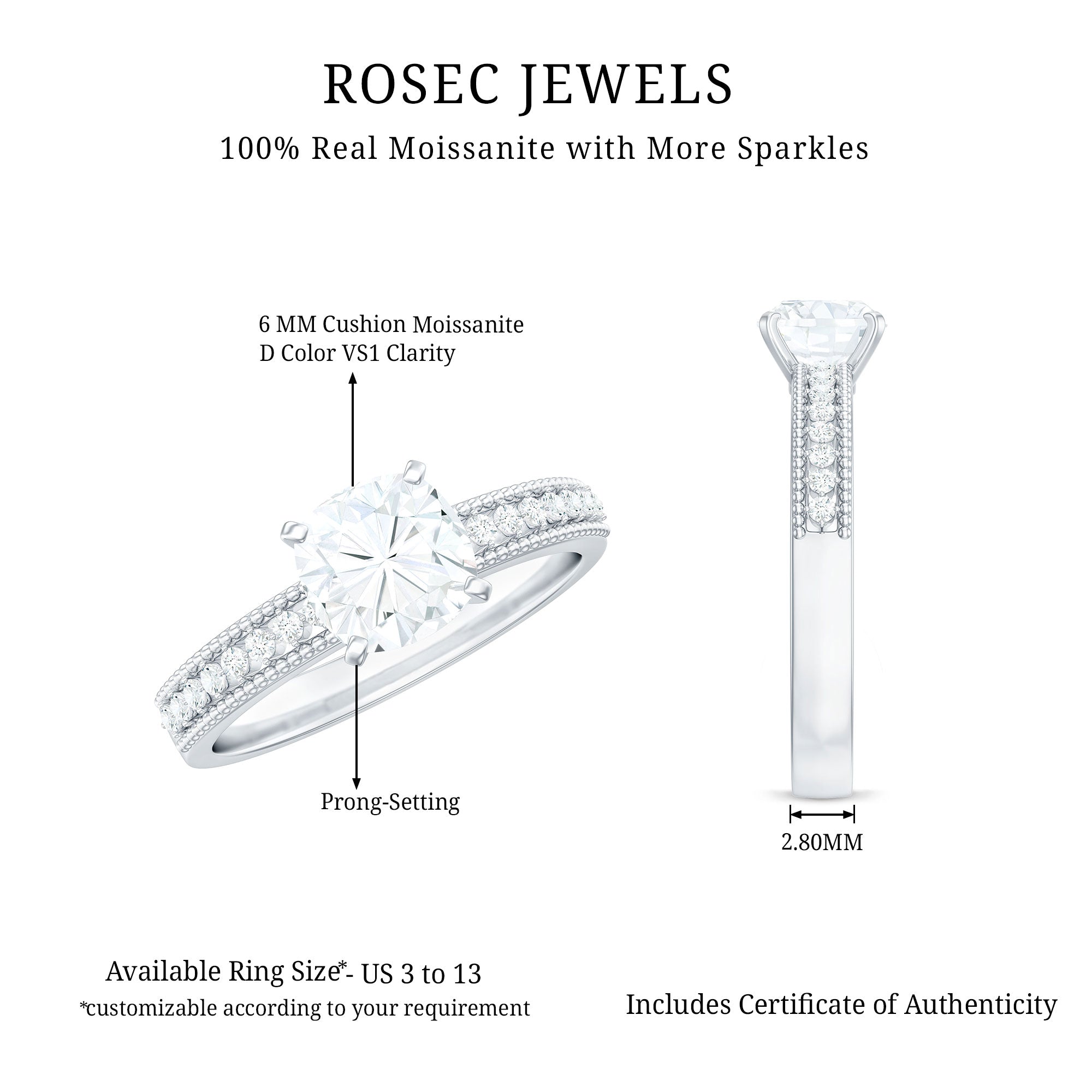 1.7 Carat Cushion Cut Moissanite Solitaire Engagement Ring with Beaded Details