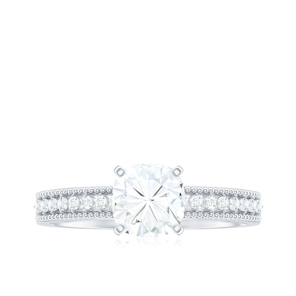 1.7 Carat Cushion Cut Moissanite Solitaire Engagement Ring with Beaded Details