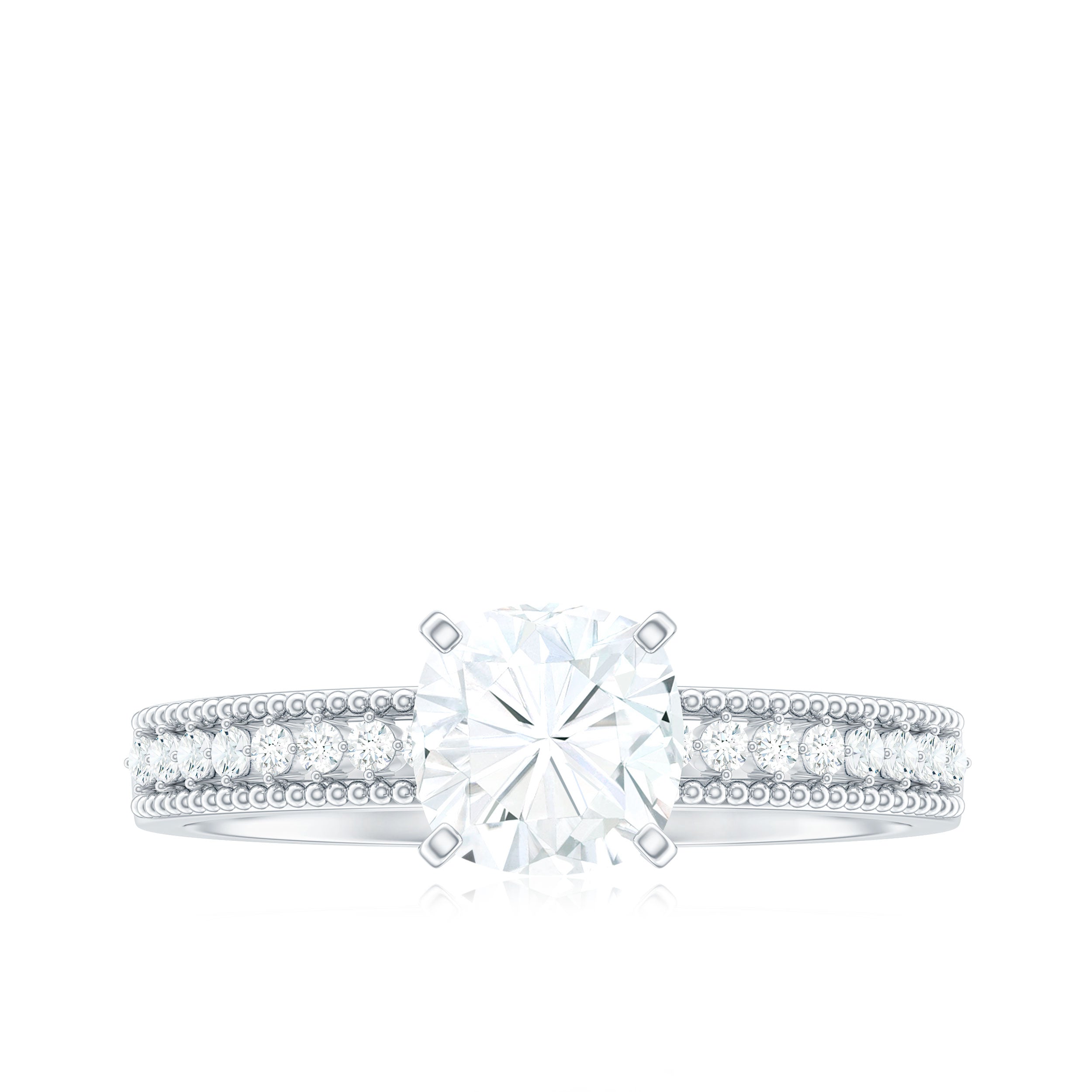 1.7 Carat Cushion Cut Moissanite Solitaire Engagement Ring with Beaded Details