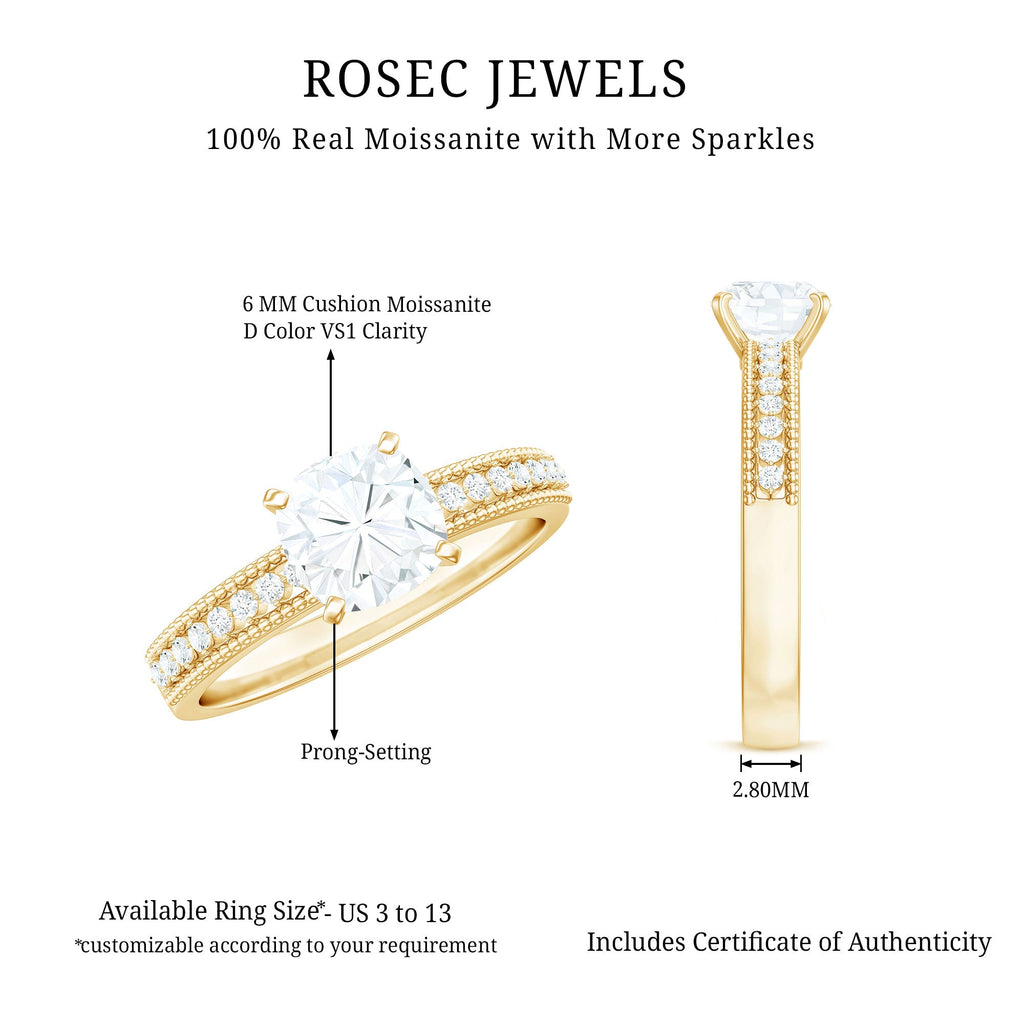 1.7 Carat Cushion Cut Moissanite Solitaire Engagement Ring with Beaded Details