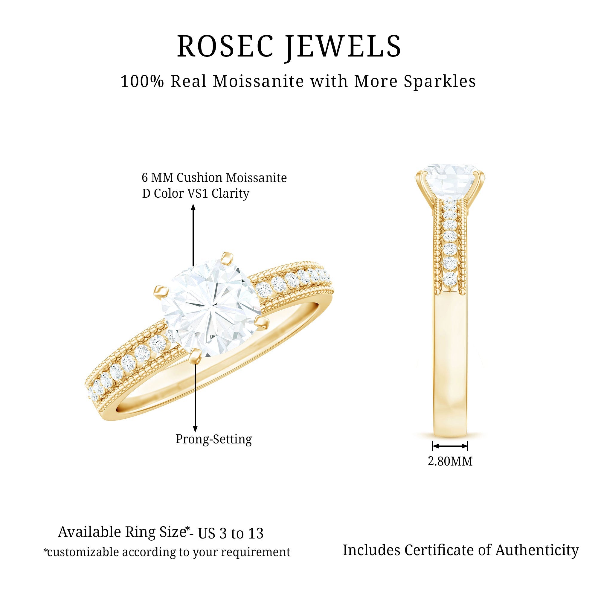 1.7 Carat Cushion Cut Moissanite Solitaire Engagement Ring with Beaded Details