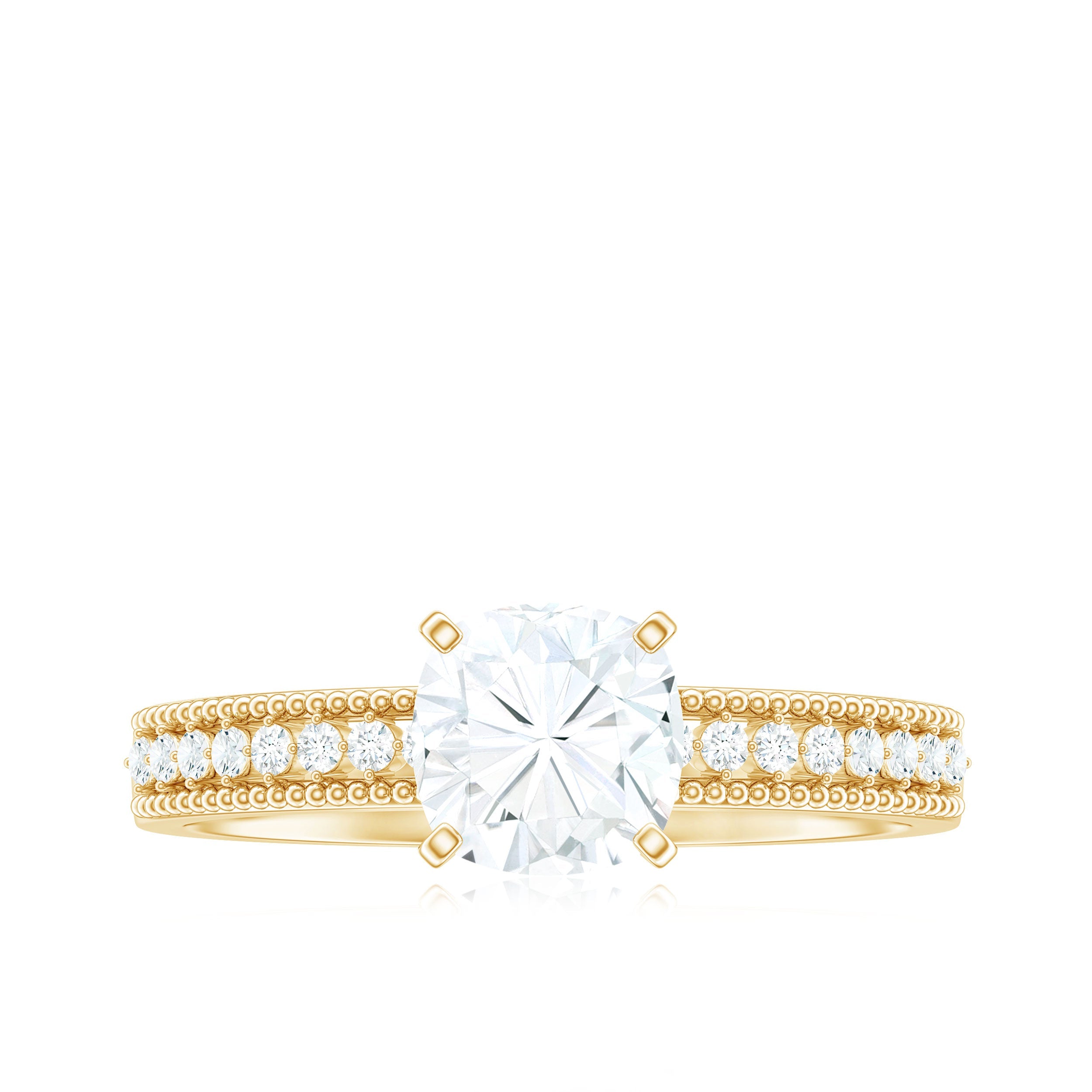 1.7 Carat Cushion Cut Moissanite Solitaire Engagement Ring with Beaded Details