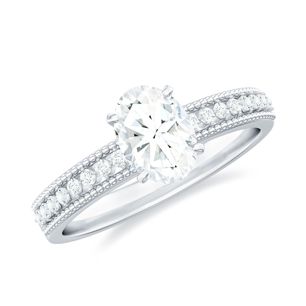0.9 Carat Oval Cut Moissanite Solitaire Beaded Engagement Ring