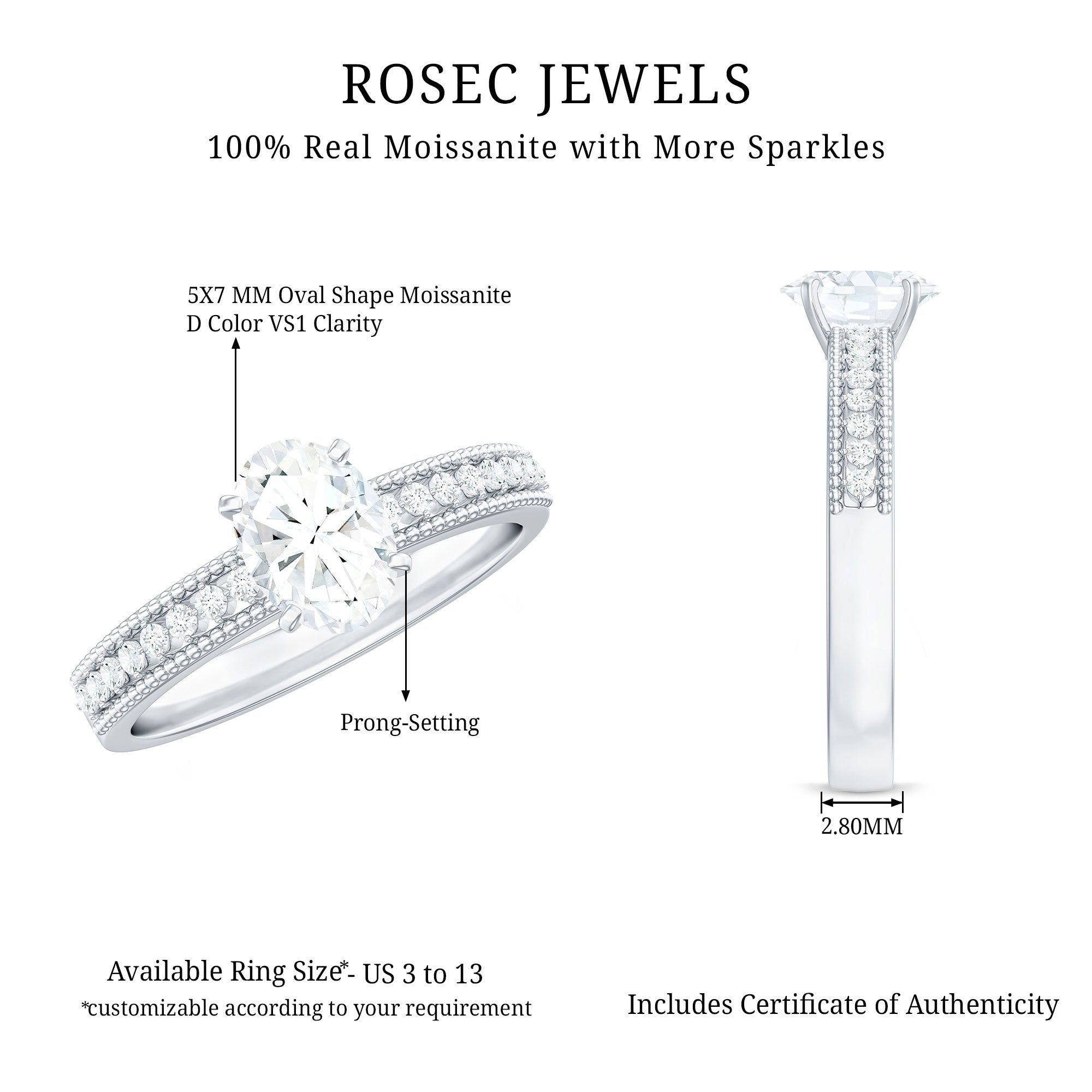 0.9 Carat Oval Cut Moissanite Solitaire Beaded Engagement Ring