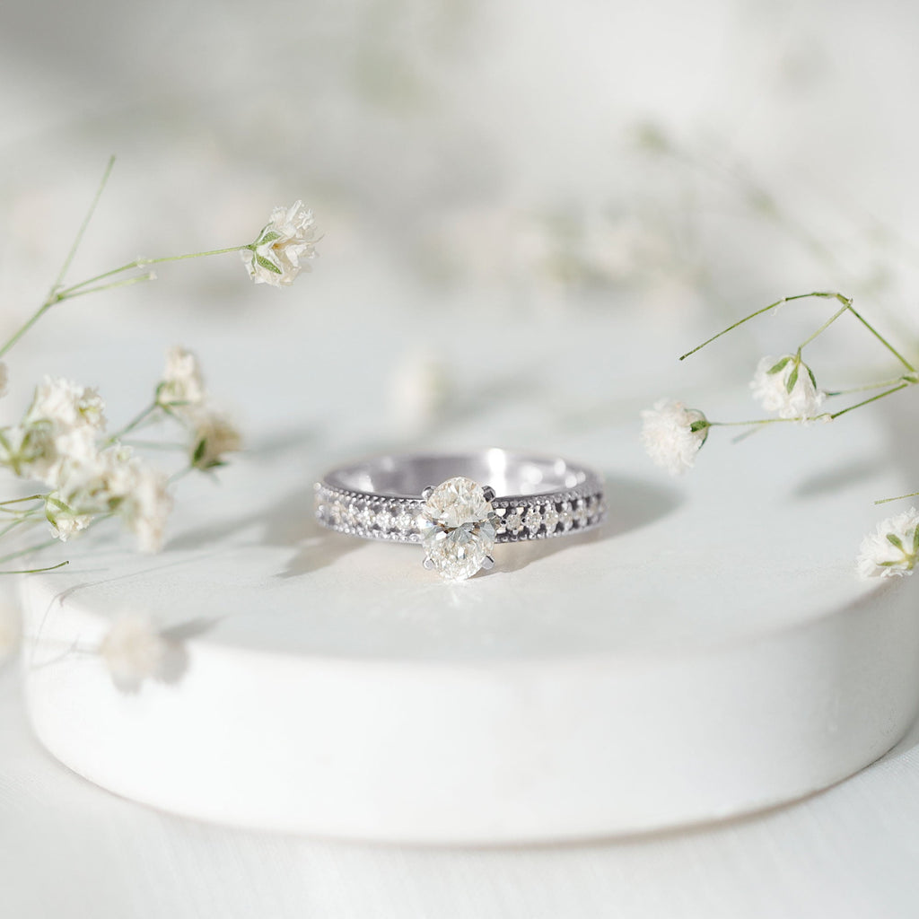 0.9 Carat Oval Cut Moissanite Solitaire Beaded Engagement Ring
