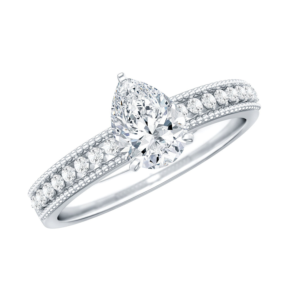 Pear Shaped Moissanite Solitaire Engagement Ring with Beaded Design