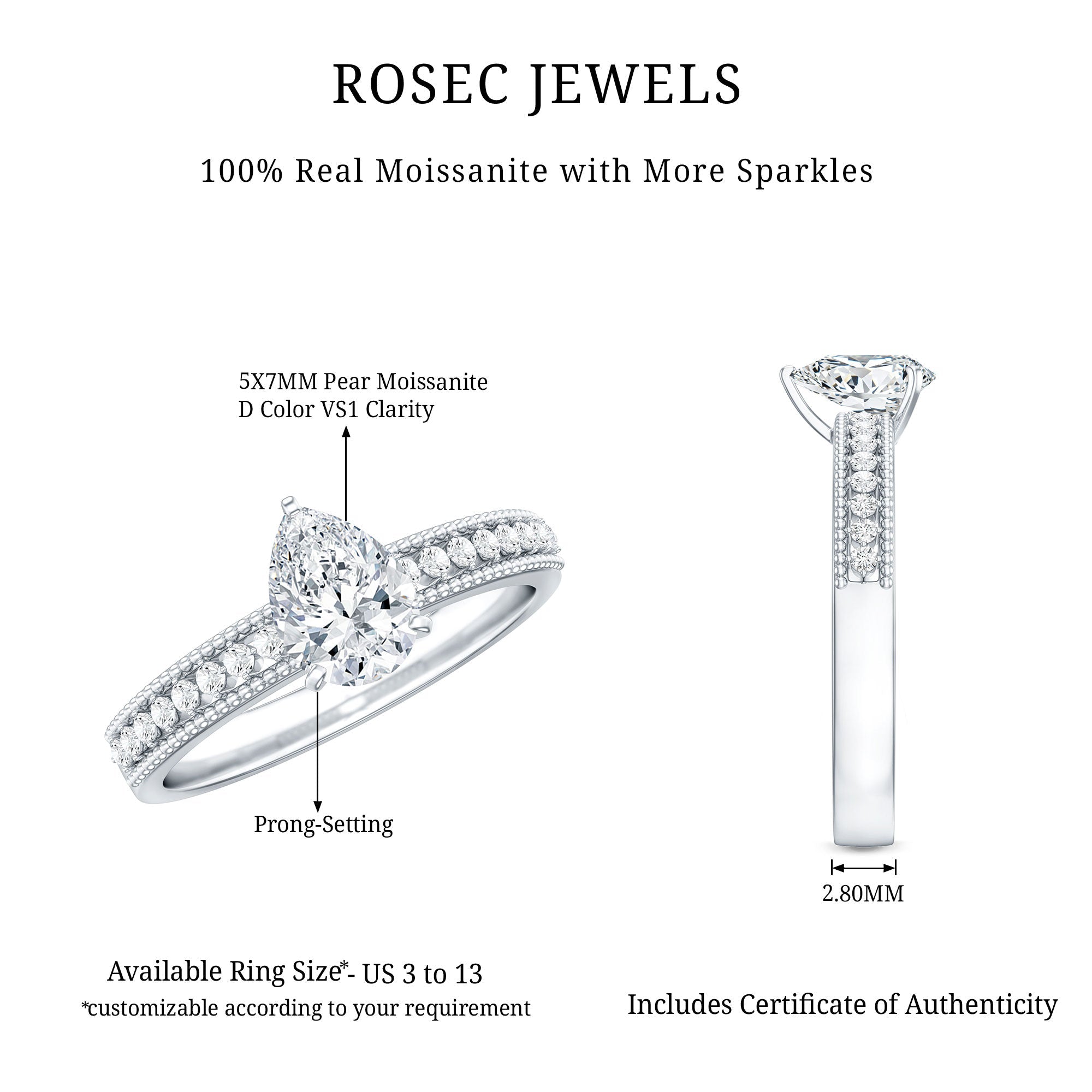 Pear Shaped Moissanite Solitaire Engagement Ring with Beaded Design
