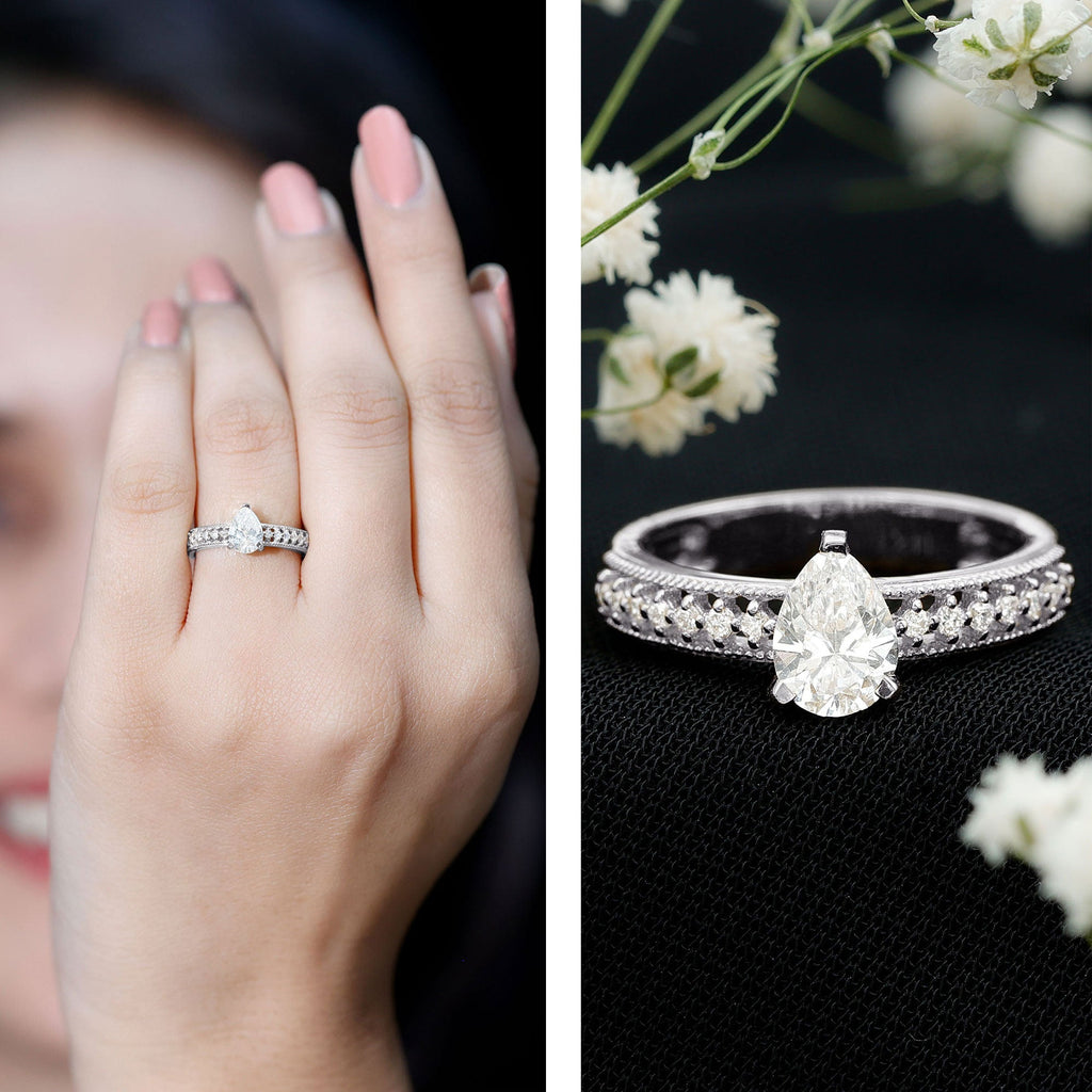 Pear Shaped Moissanite Solitaire Engagement Ring with Beaded Design
