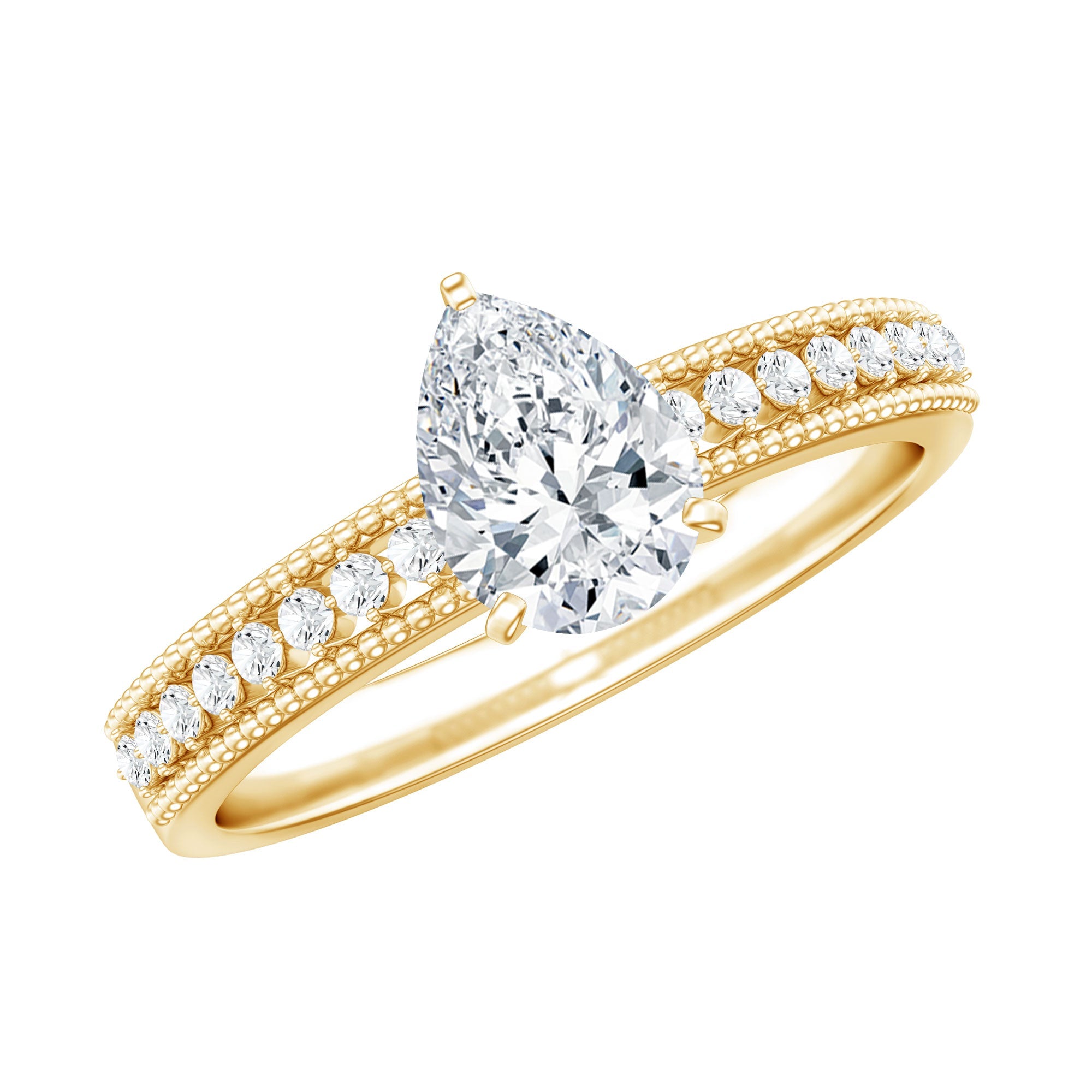 Pear Shaped Moissanite Solitaire Engagement Ring with Beaded Design