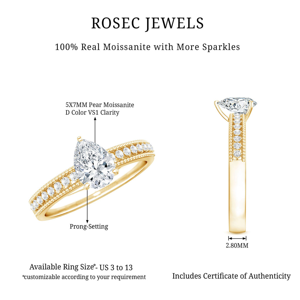 Pear Shaped Moissanite Solitaire Engagement Ring with Beaded Design