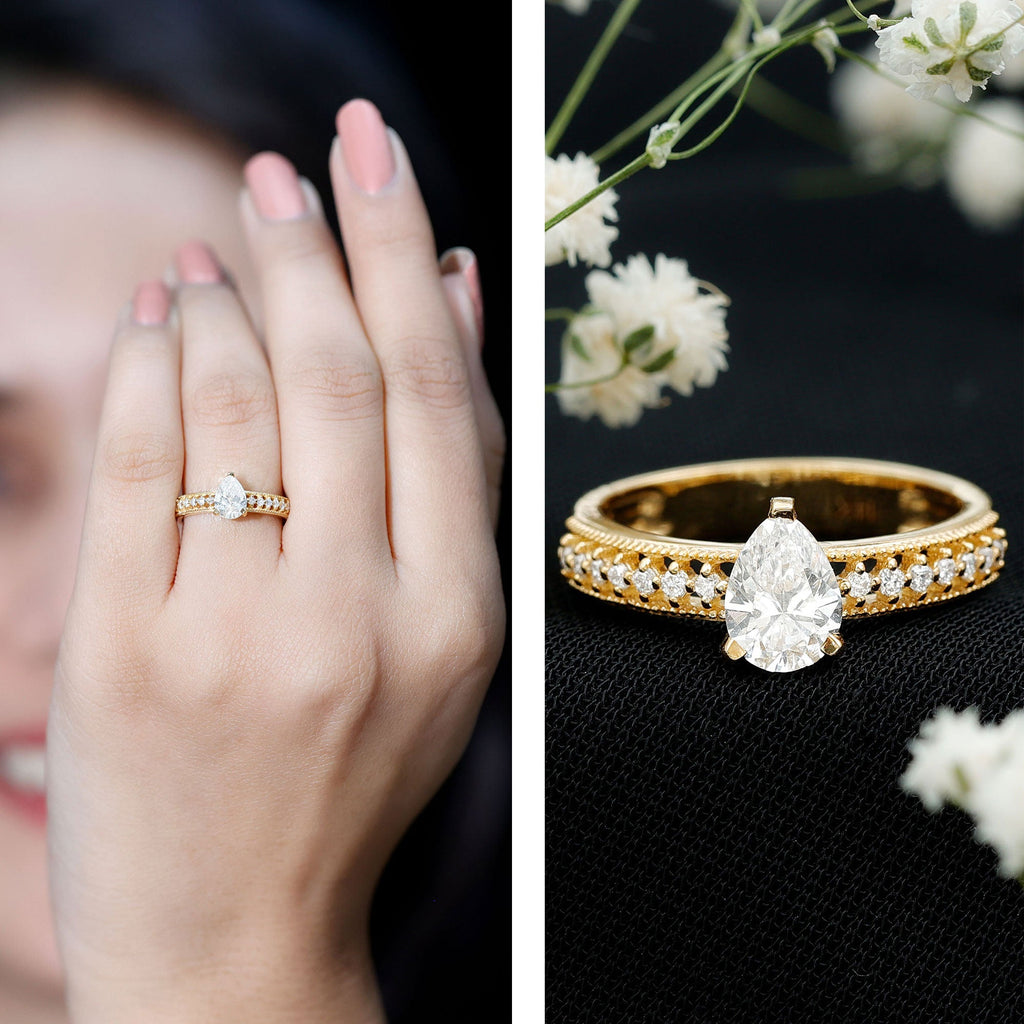 Pear Shaped Moissanite Solitaire Engagement Ring with Beaded Design