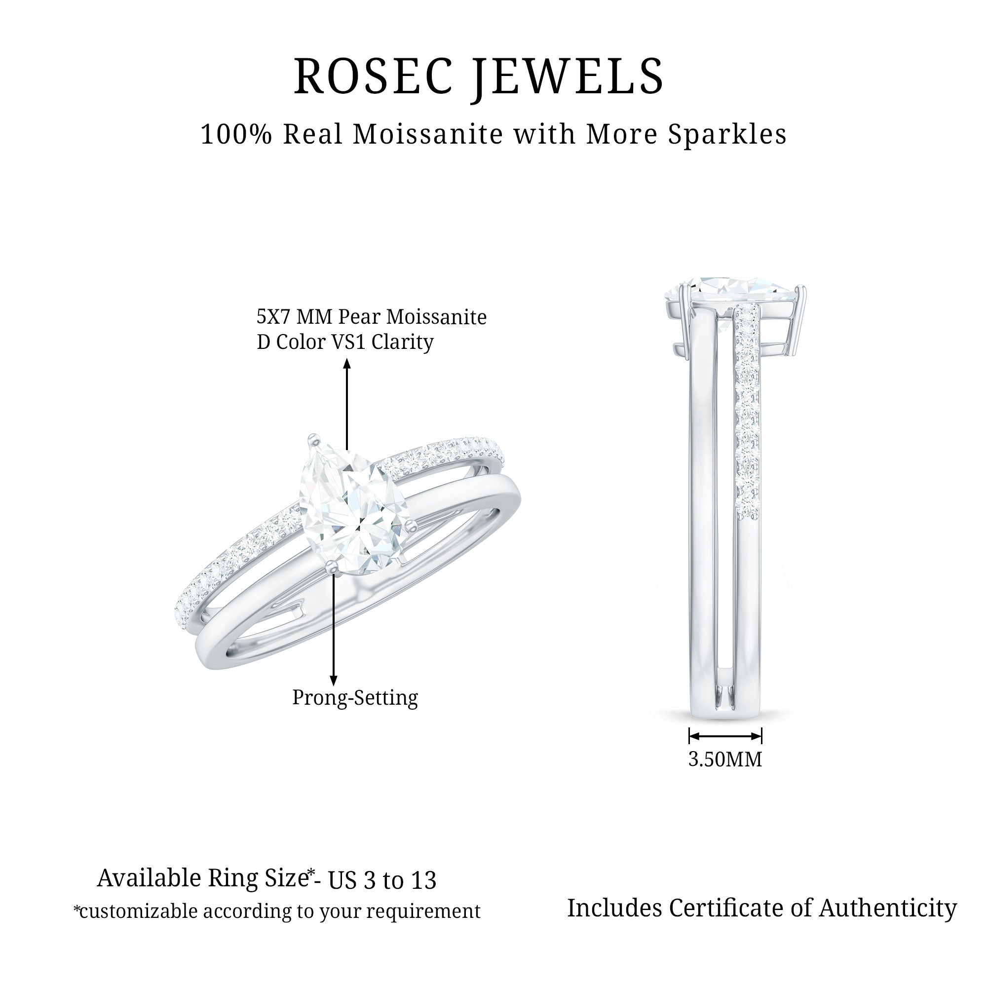 Pear Cut Solitaire Moissanite Double Band Engagement Ring