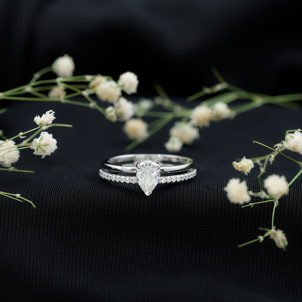 Pear Cut Solitaire Moissanite Double Band Engagement Ring