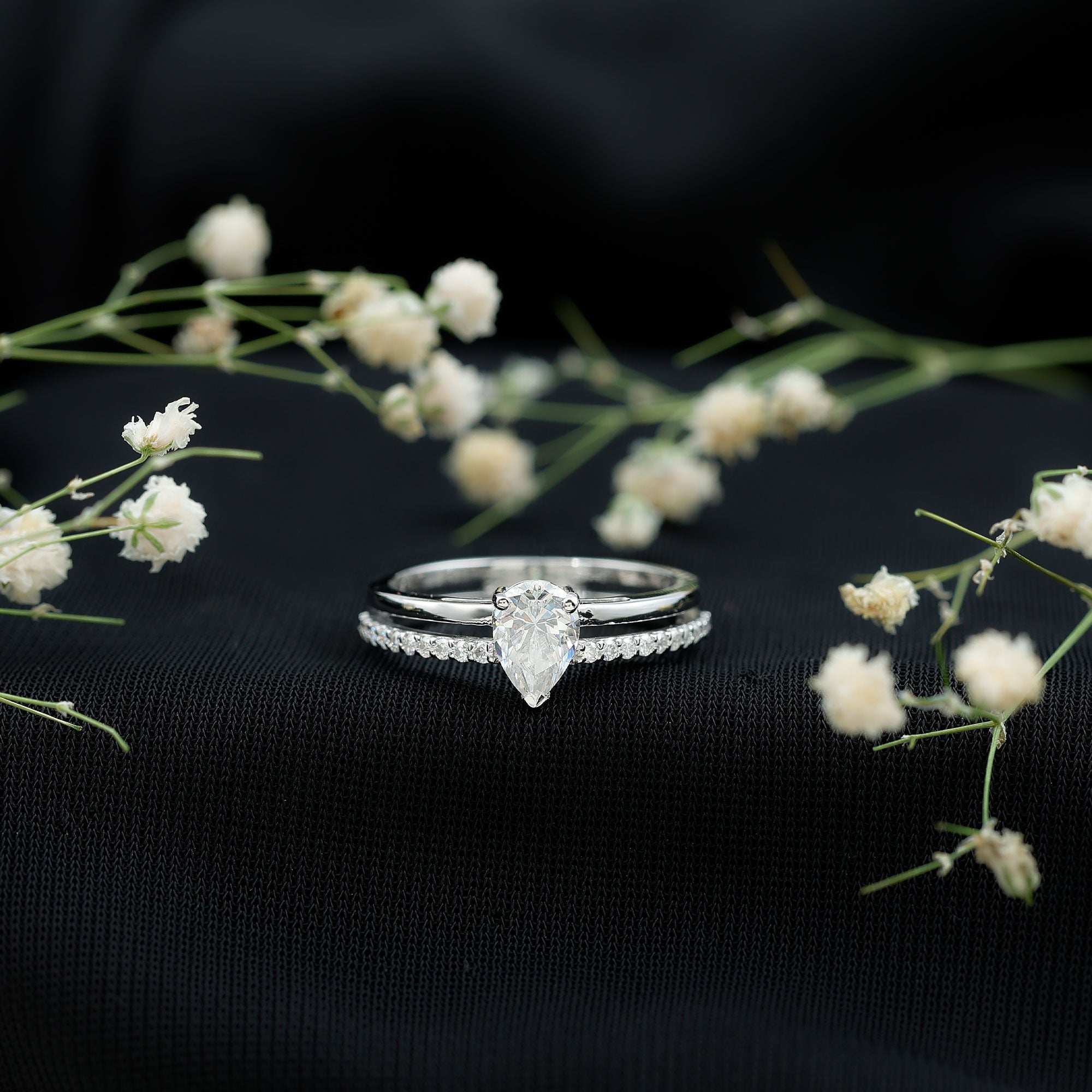 Pear Cut Solitaire Moissanite Double Band Engagement Ring