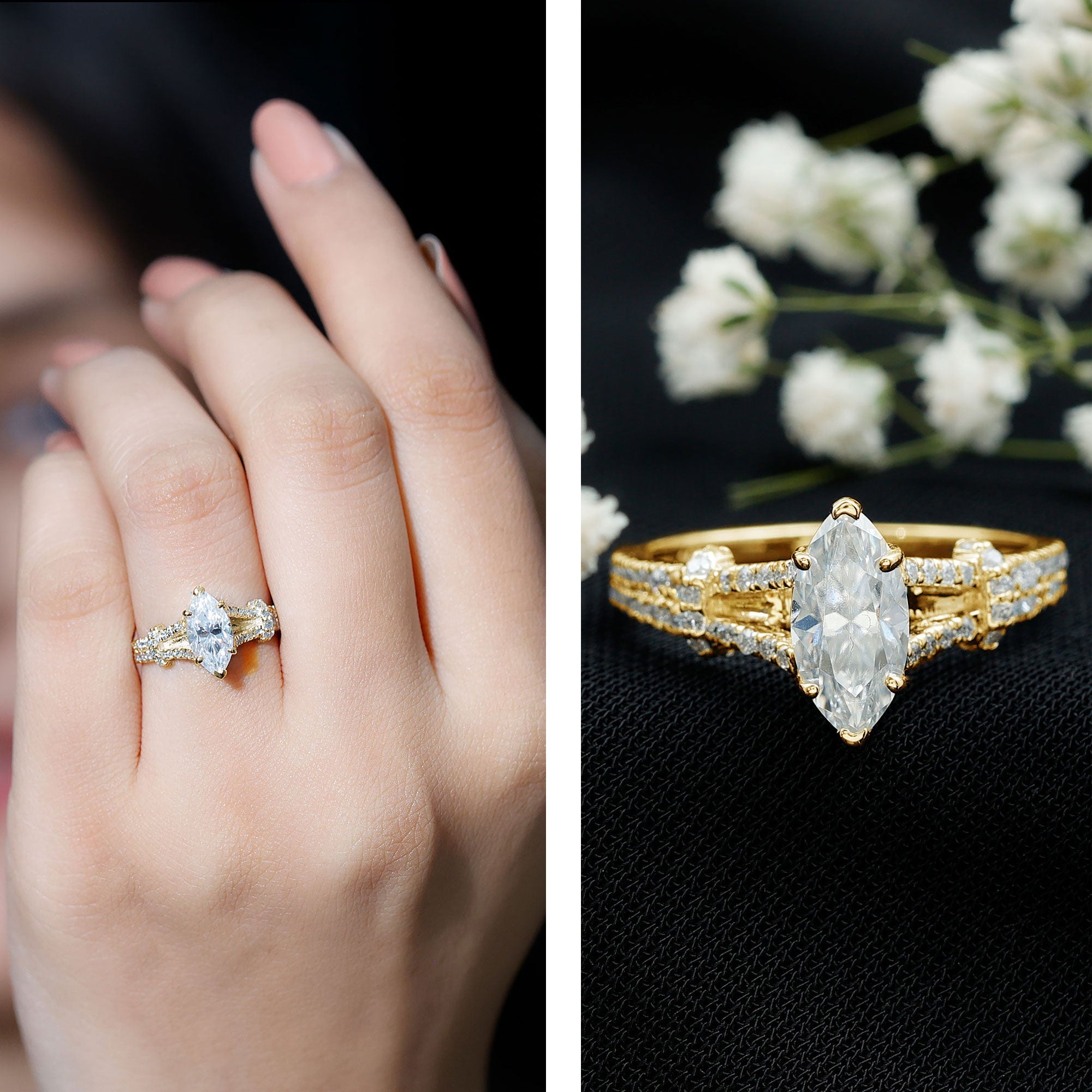 Marquise Cut Moissanite Solitaire Engagement Ring in Split Shank
