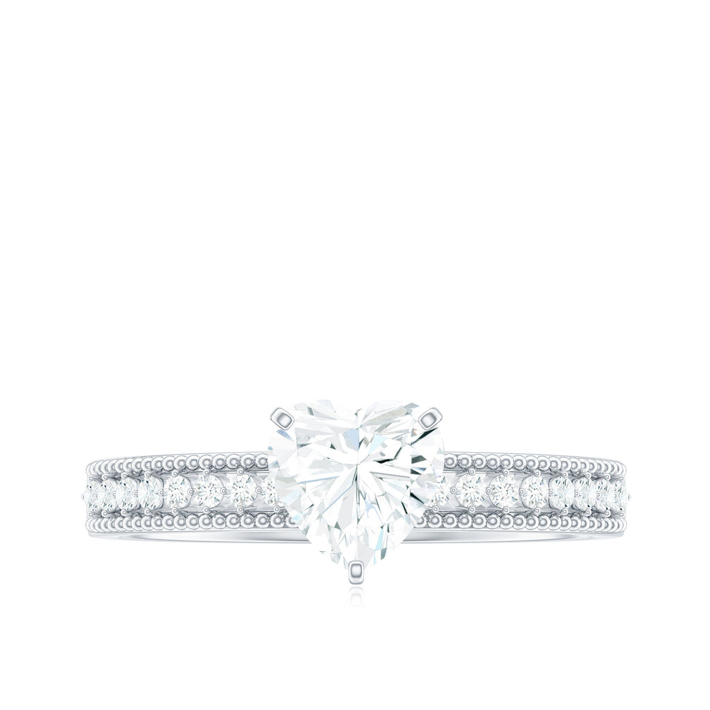 1.5 Carat Heart Shape Moissanite Engagement Ring with Side Stones and Beaded Details