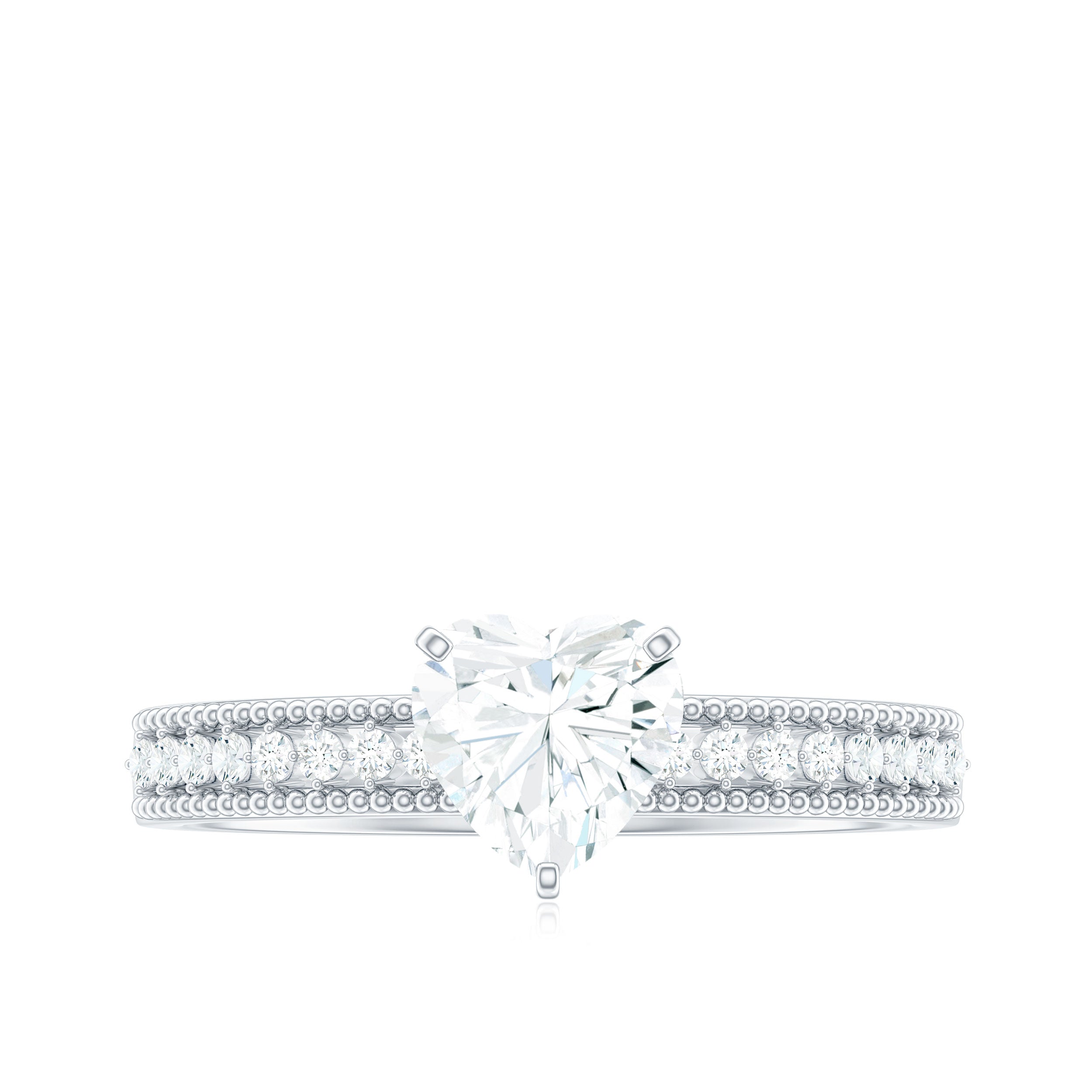 1.5 Carat Heart Shape Moissanite Engagement Ring with Side Stones and Beaded Details