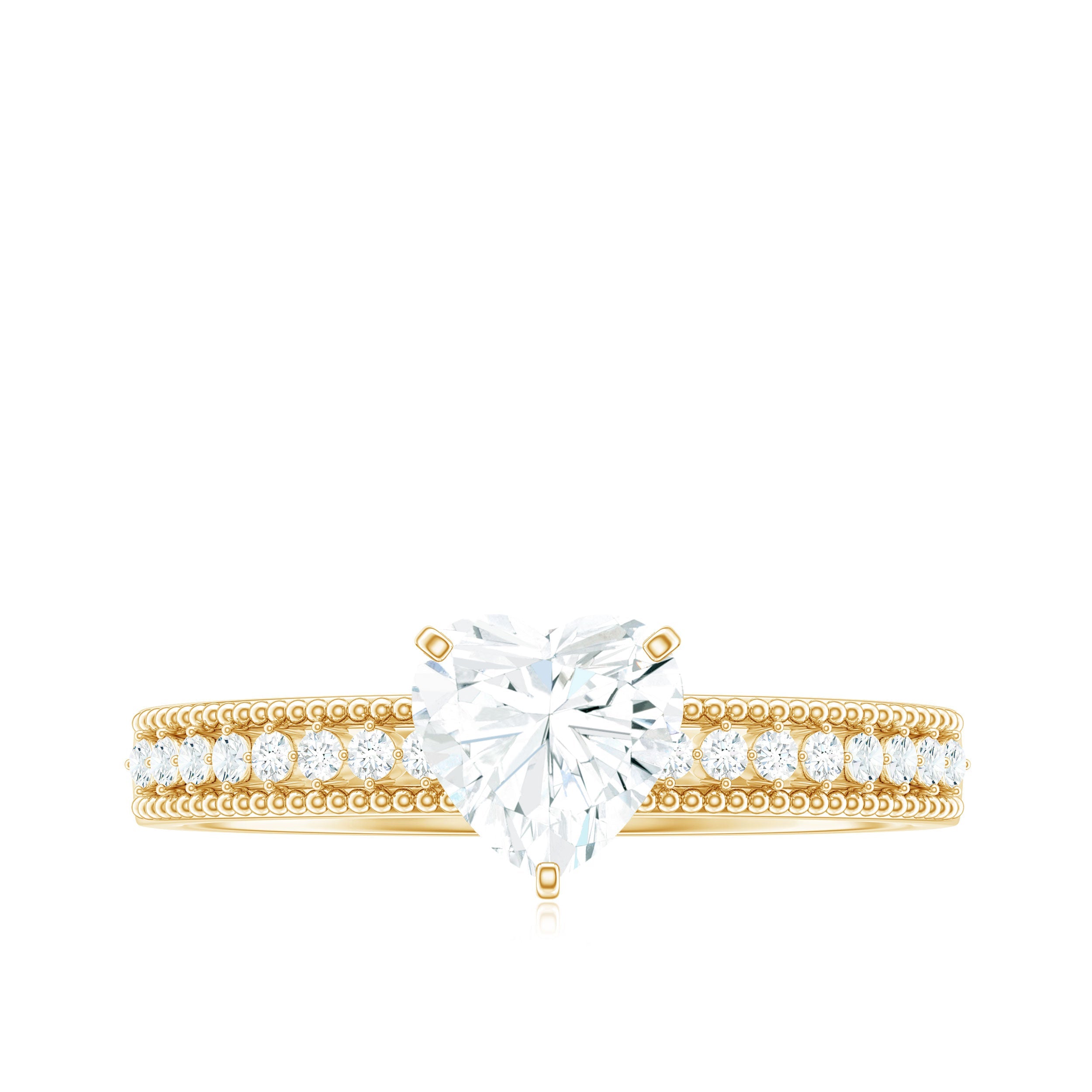 1.5 Carat Heart Shape Moissanite Engagement Ring with Side Stones and Beaded Details