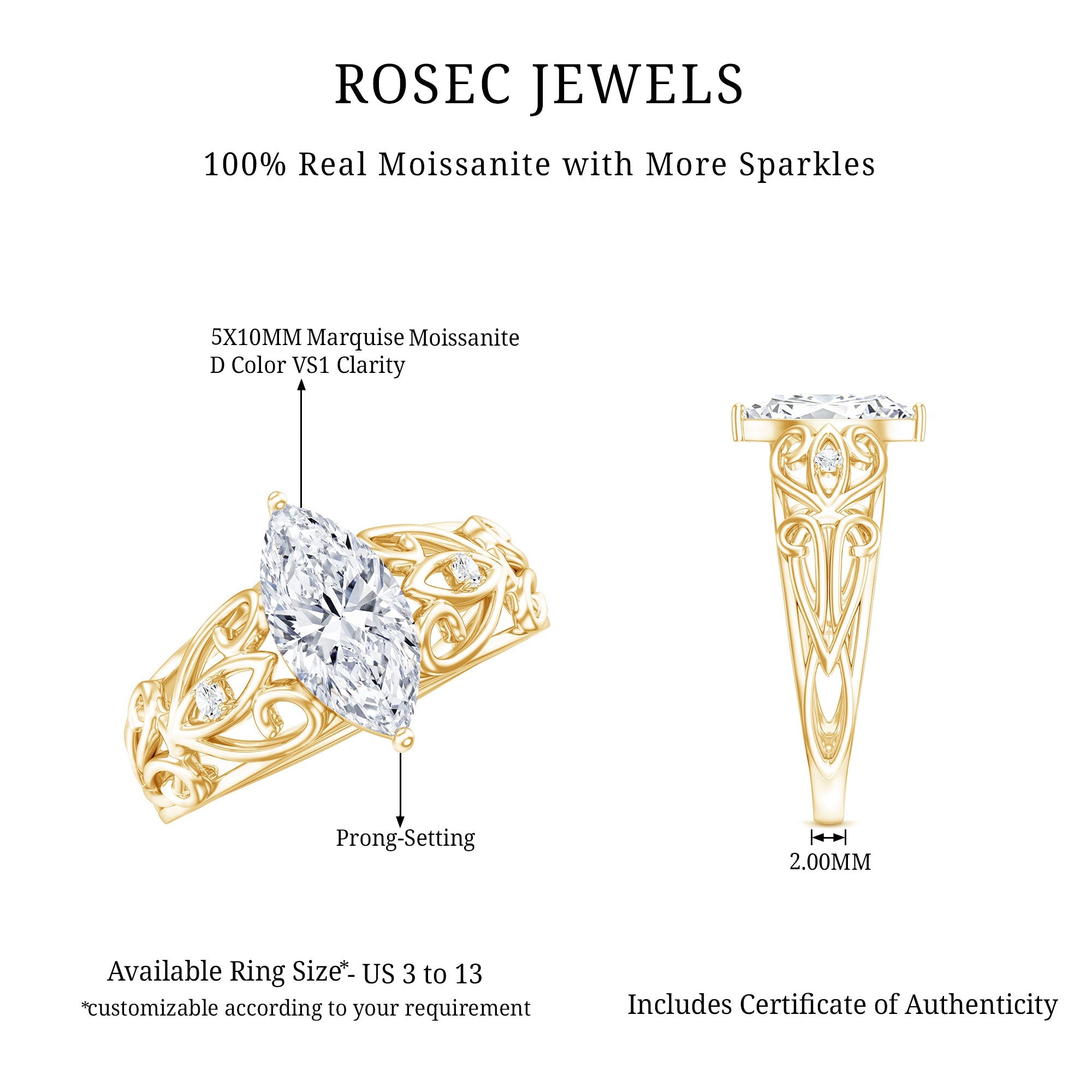 Marquise Moissanite Engagement Ring With Certificate