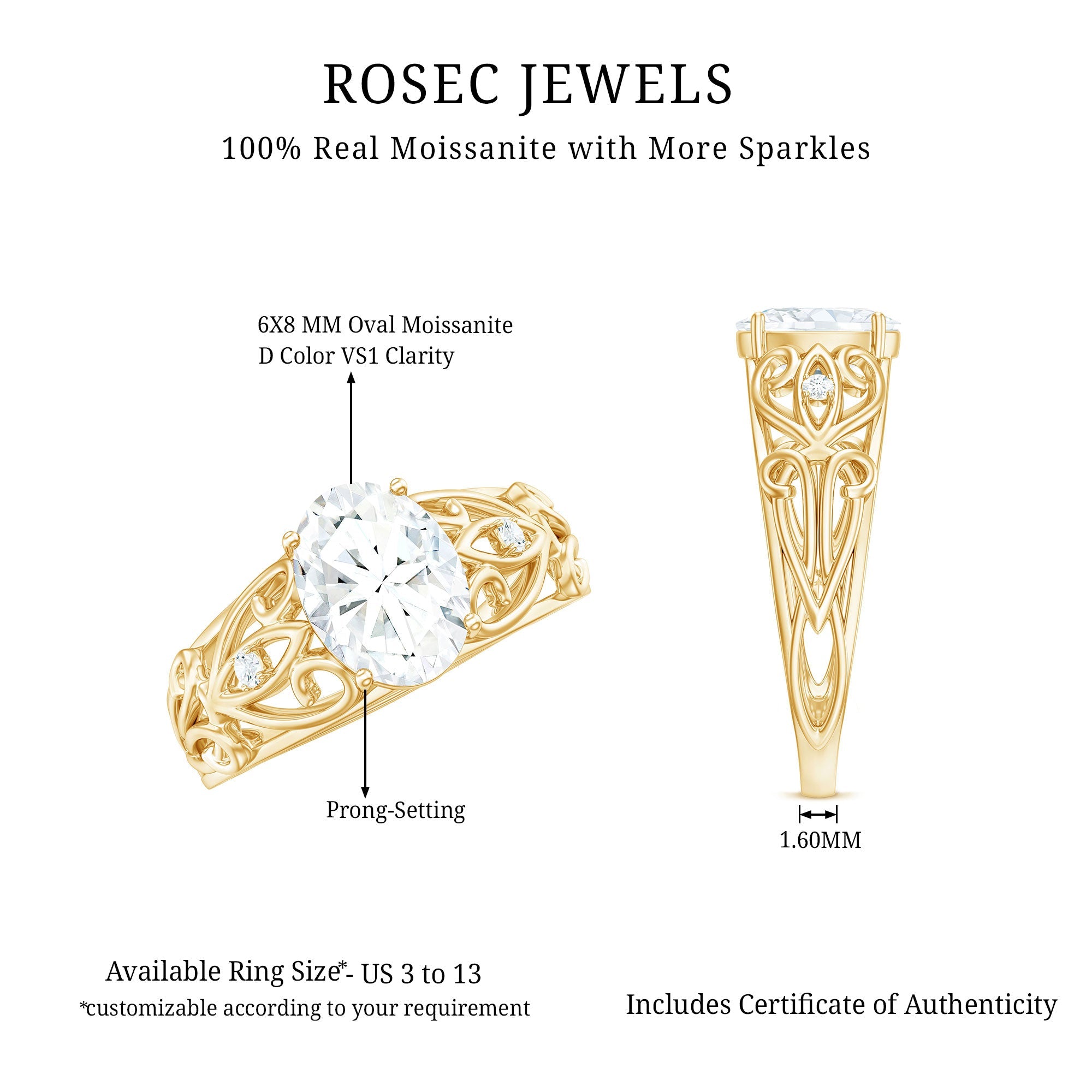 1.2 Carat Oval Cut Vintage Inspired Moissanite Filigree Engagement Ring