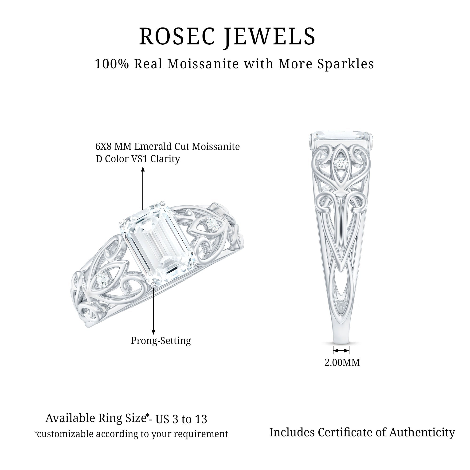 1.8 Carat Emerald Cut Moissanite Vintage Inspired Solitaire Ring