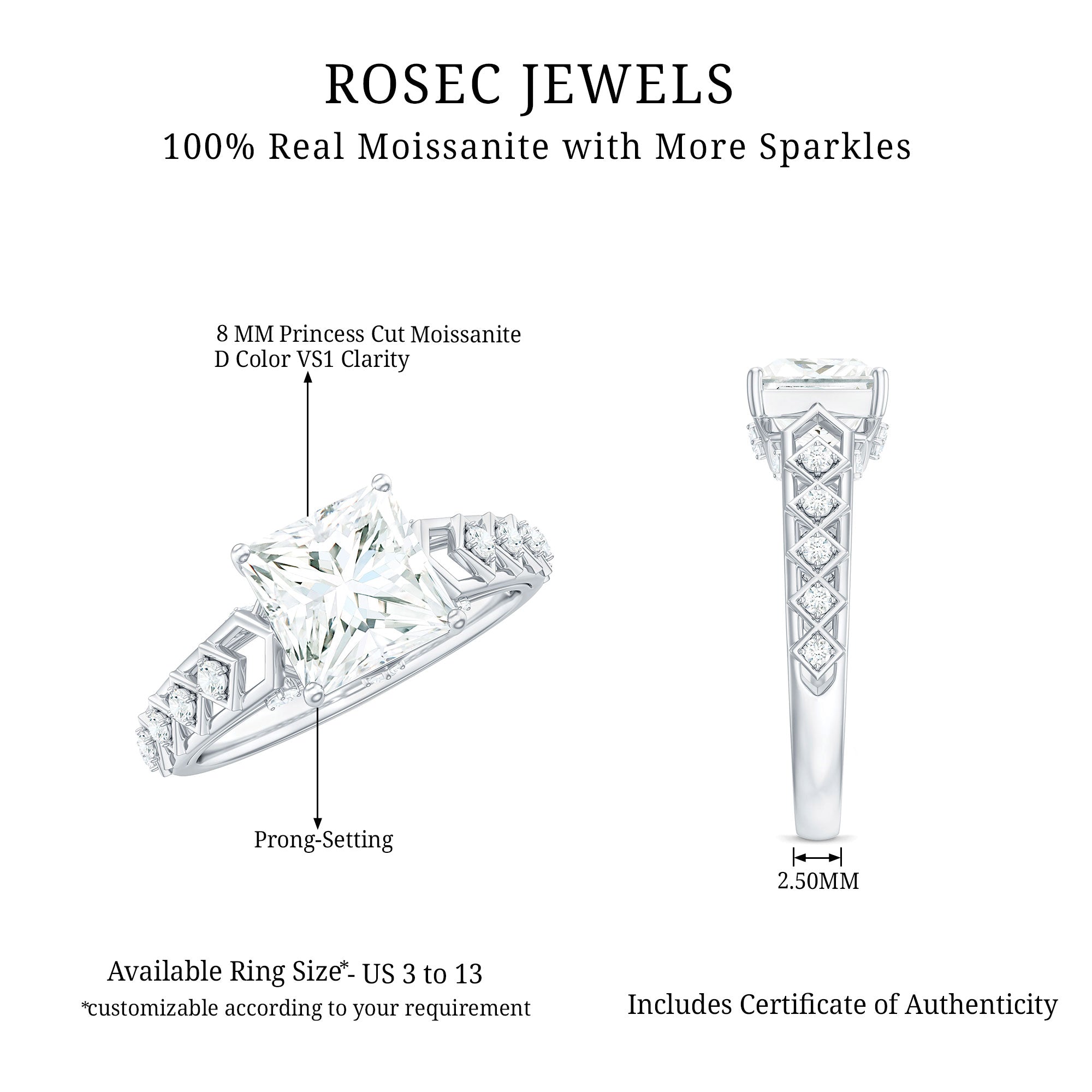 3 Carat Princess Cut Certified Moissanite Solitaire Engagement Ring