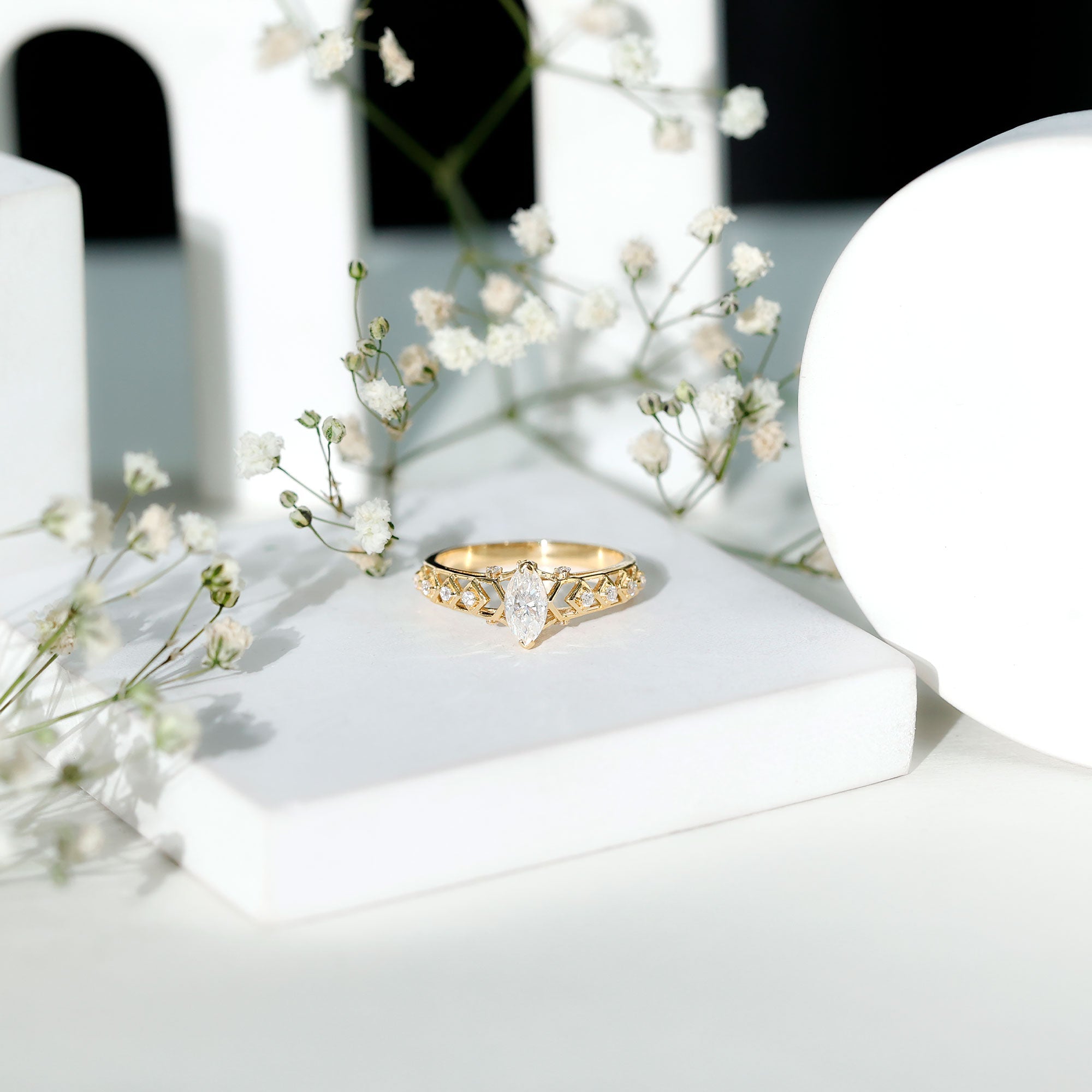 Art Deco Looking Moissanite Marquise Engagement Ring