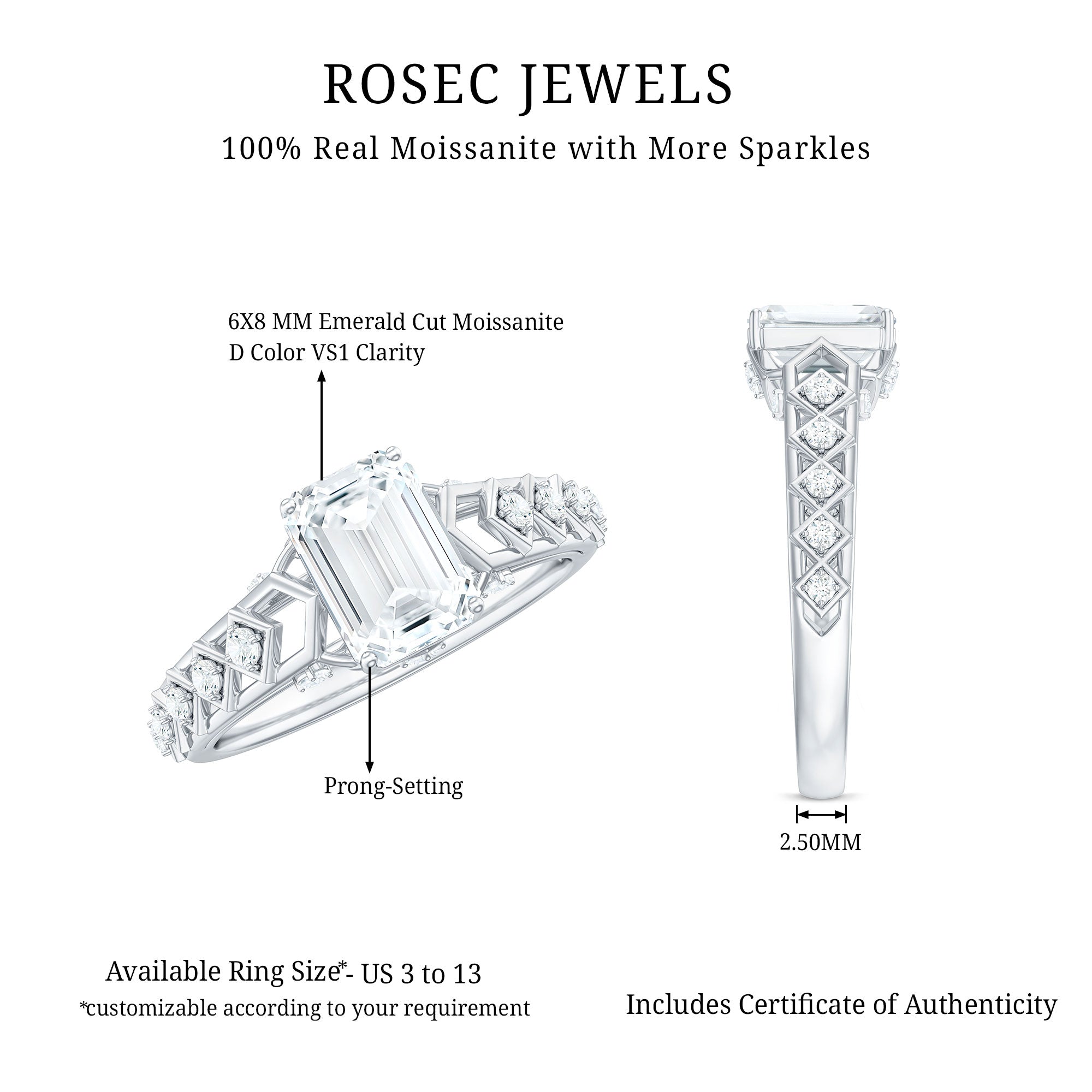 1.8 Carat Emerald Cut Moissanite Solitaire Engagement Ring with Side Stones