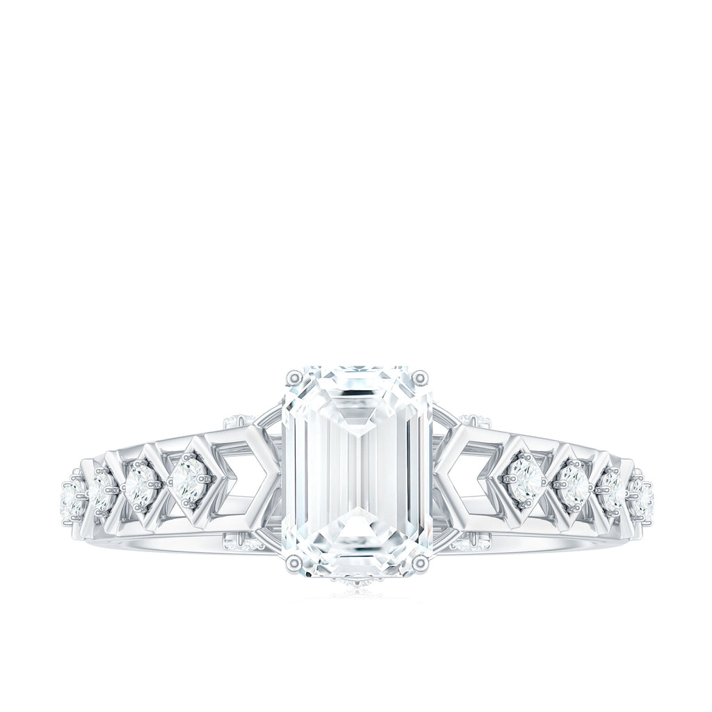 1.8 Carat Emerald Cut Moissanite Solitaire Engagement Ring with Side Stones