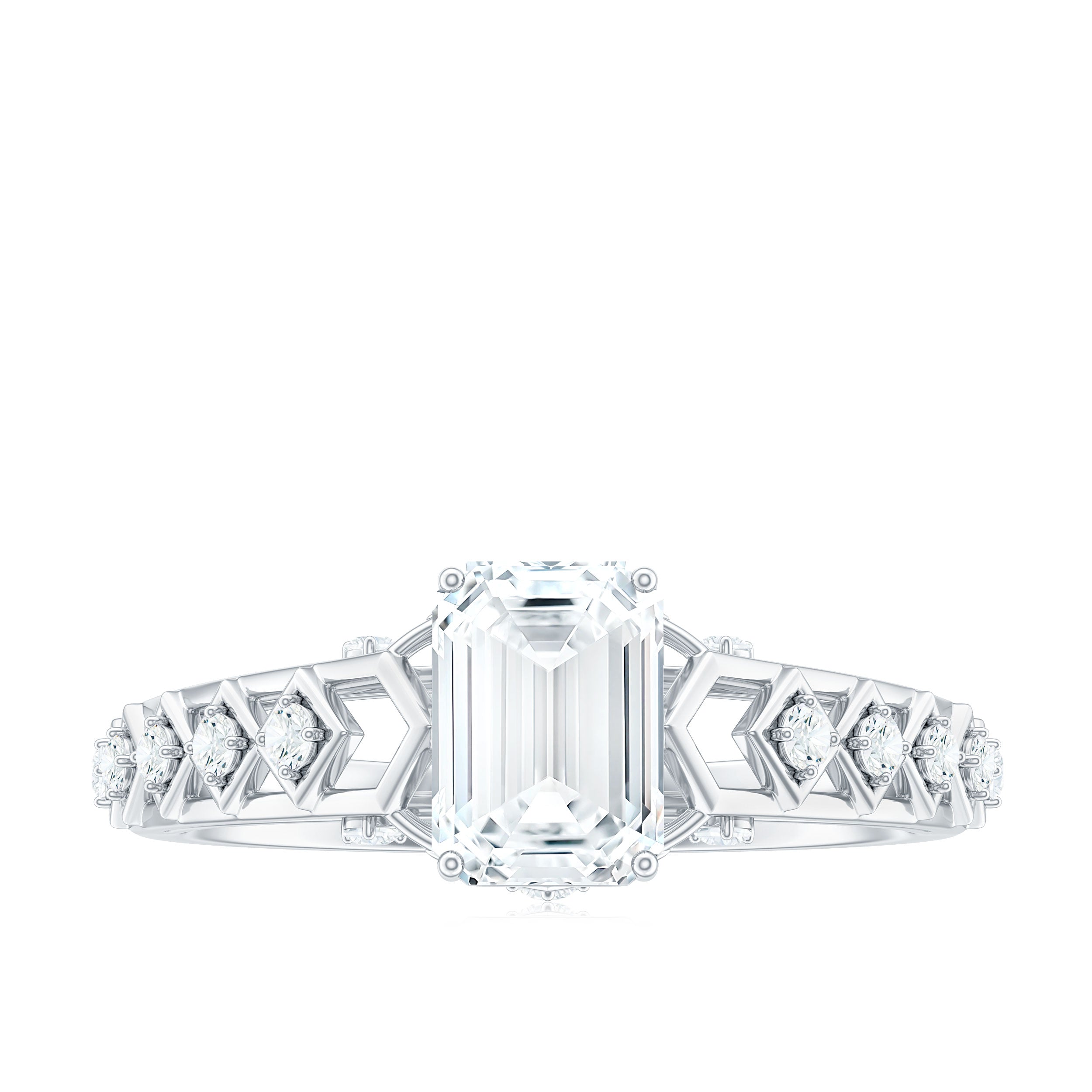 1.8 Carat Emerald Cut Moissanite Solitaire Engagement Ring with Side Stones