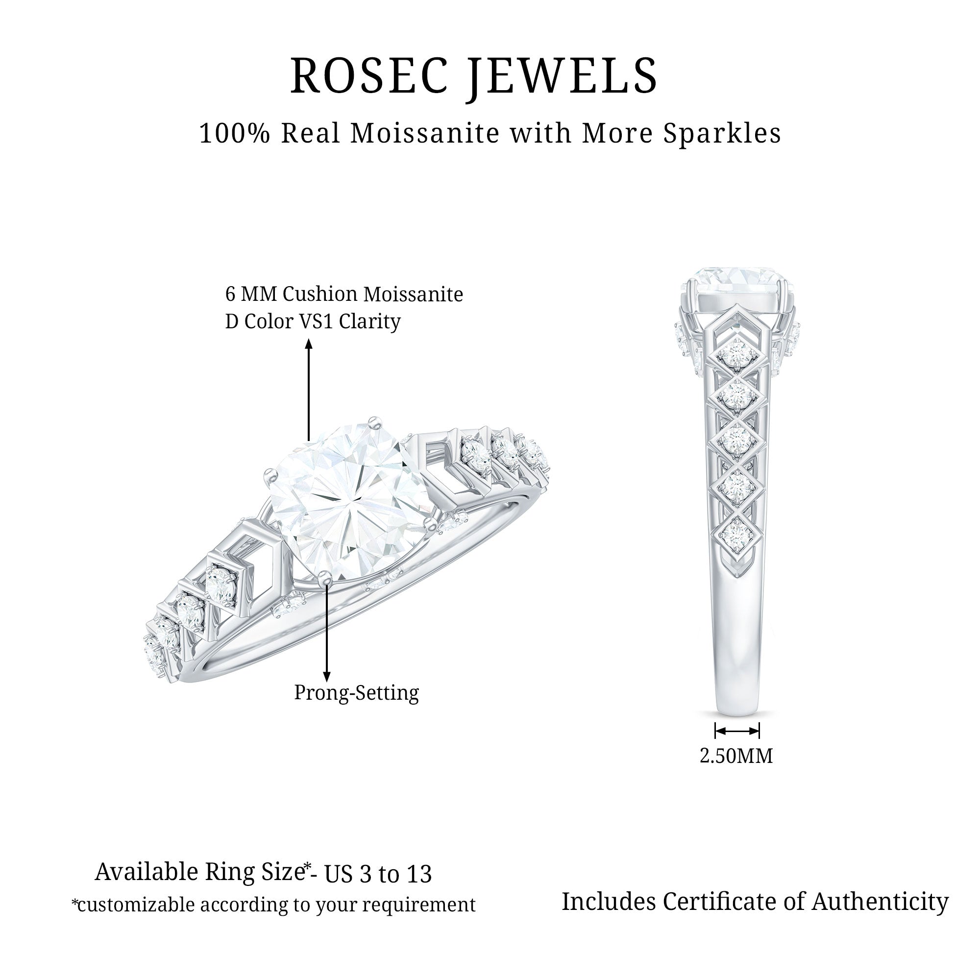1.7 Carat Cushion Cut Certified Moissanite Solitaire Engagement Ring