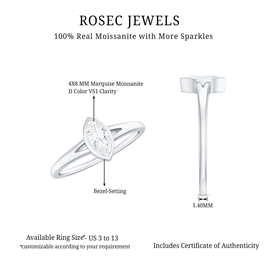 Bezel Set Moissanite Marquise Engagement Ring in Split Shank