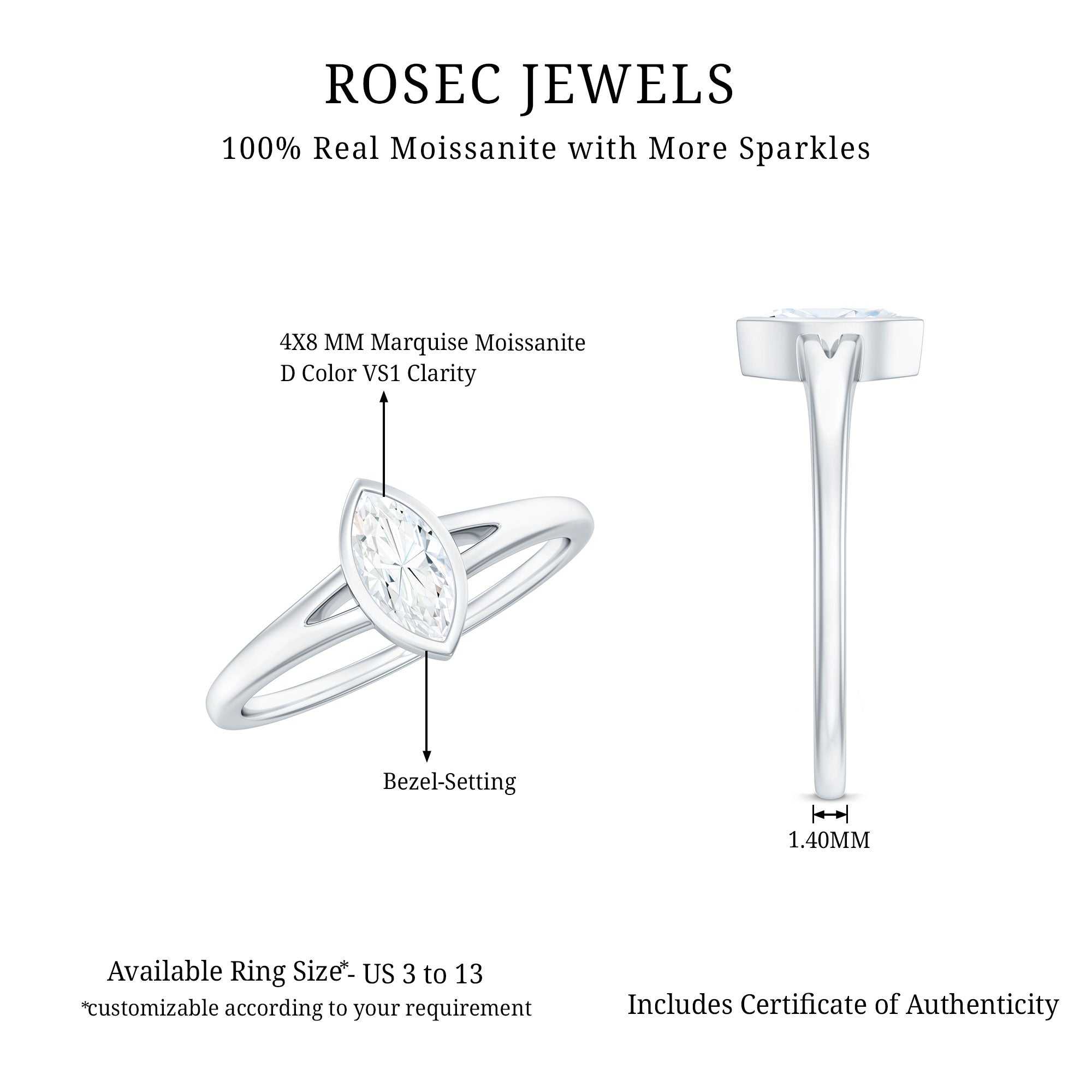 Bezel Set Moissanite Marquise Engagement Ring in Split Shank