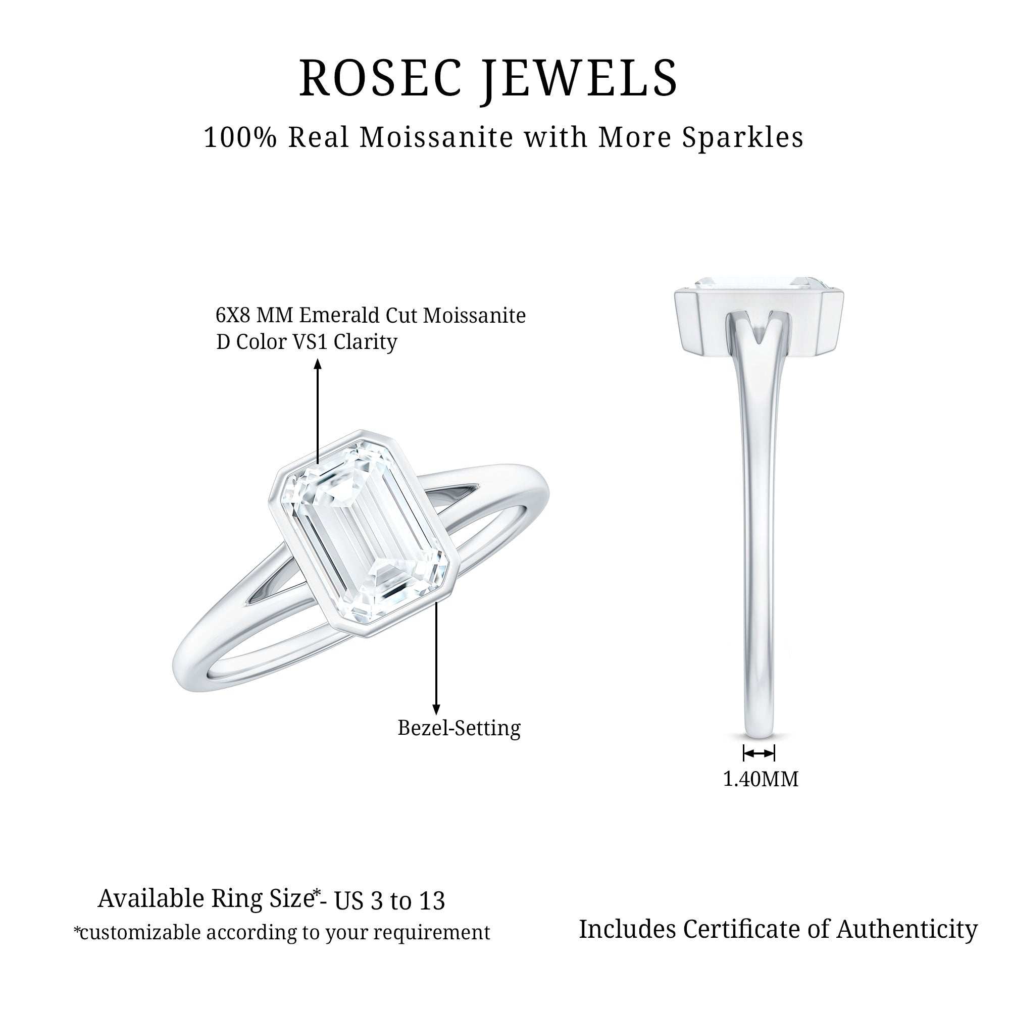1.8 Carat Emerald Cut Moissanite Bezel Set Engagement Ring with Split Shank