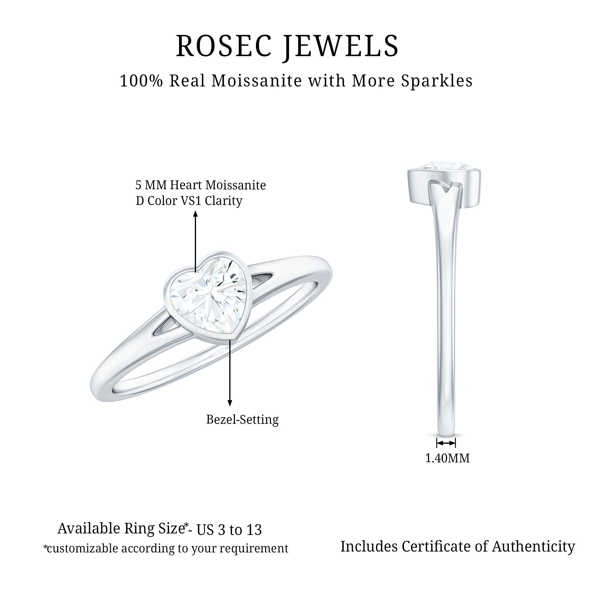 0.5 Carat Heart Shape Moissanite Solitaire Ring with Split Shank