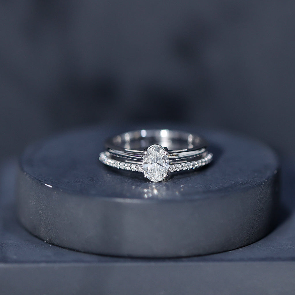 Oval Cut Solitaire Moissanite Double Band Engagement Ring