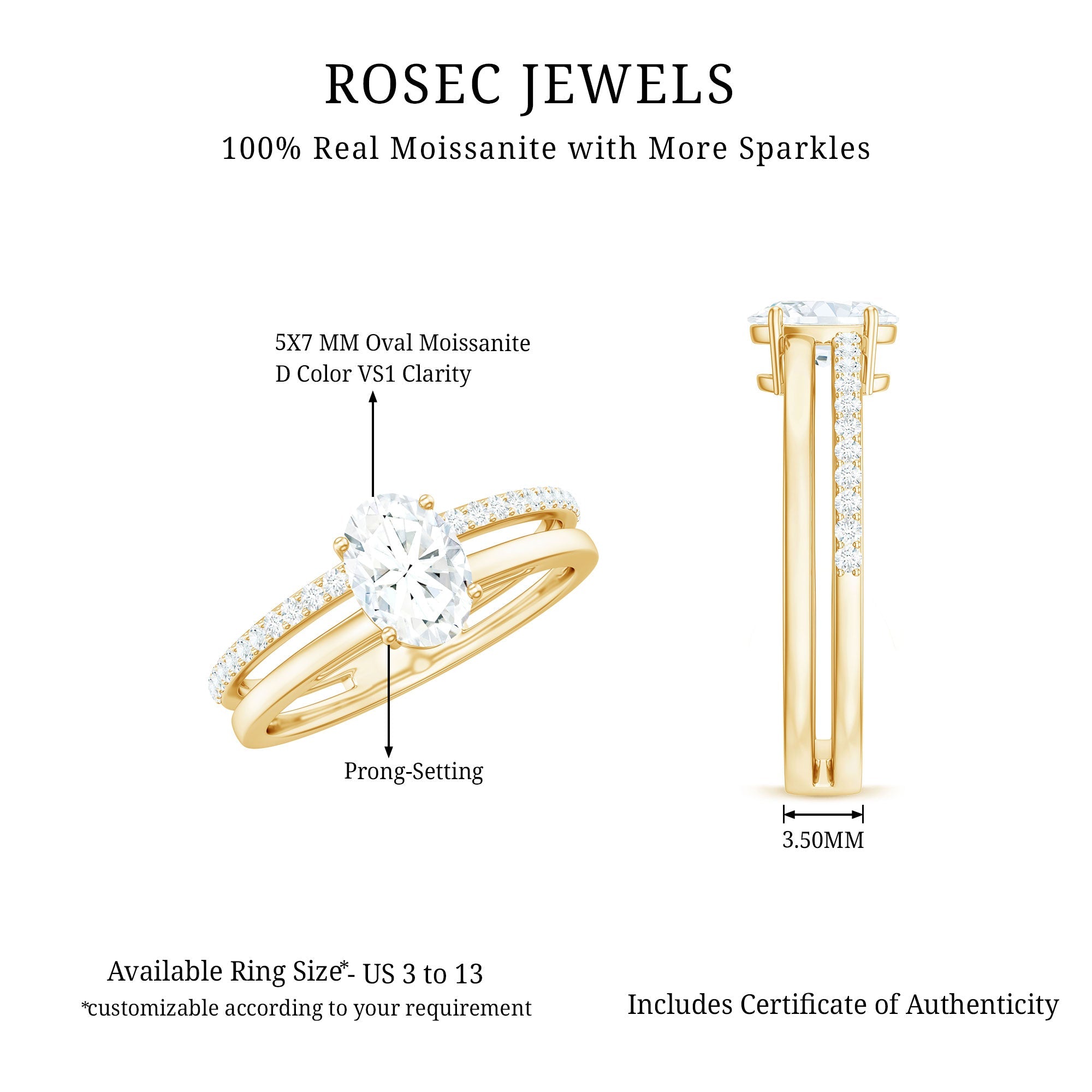 Oval Cut Solitaire Moissanite Double Band Engagement Ring