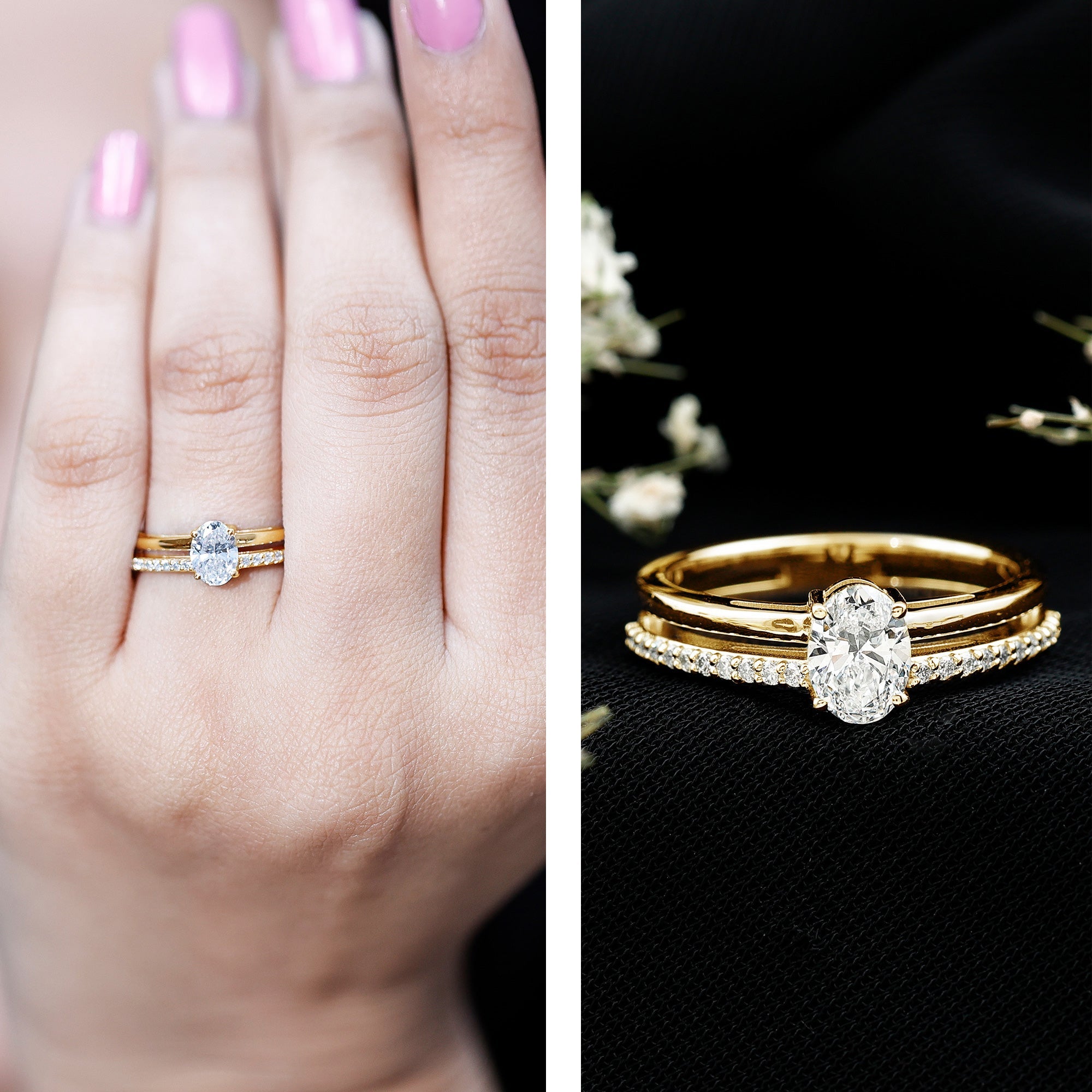 Oval Cut Solitaire Moissanite Double Band Engagement Ring
