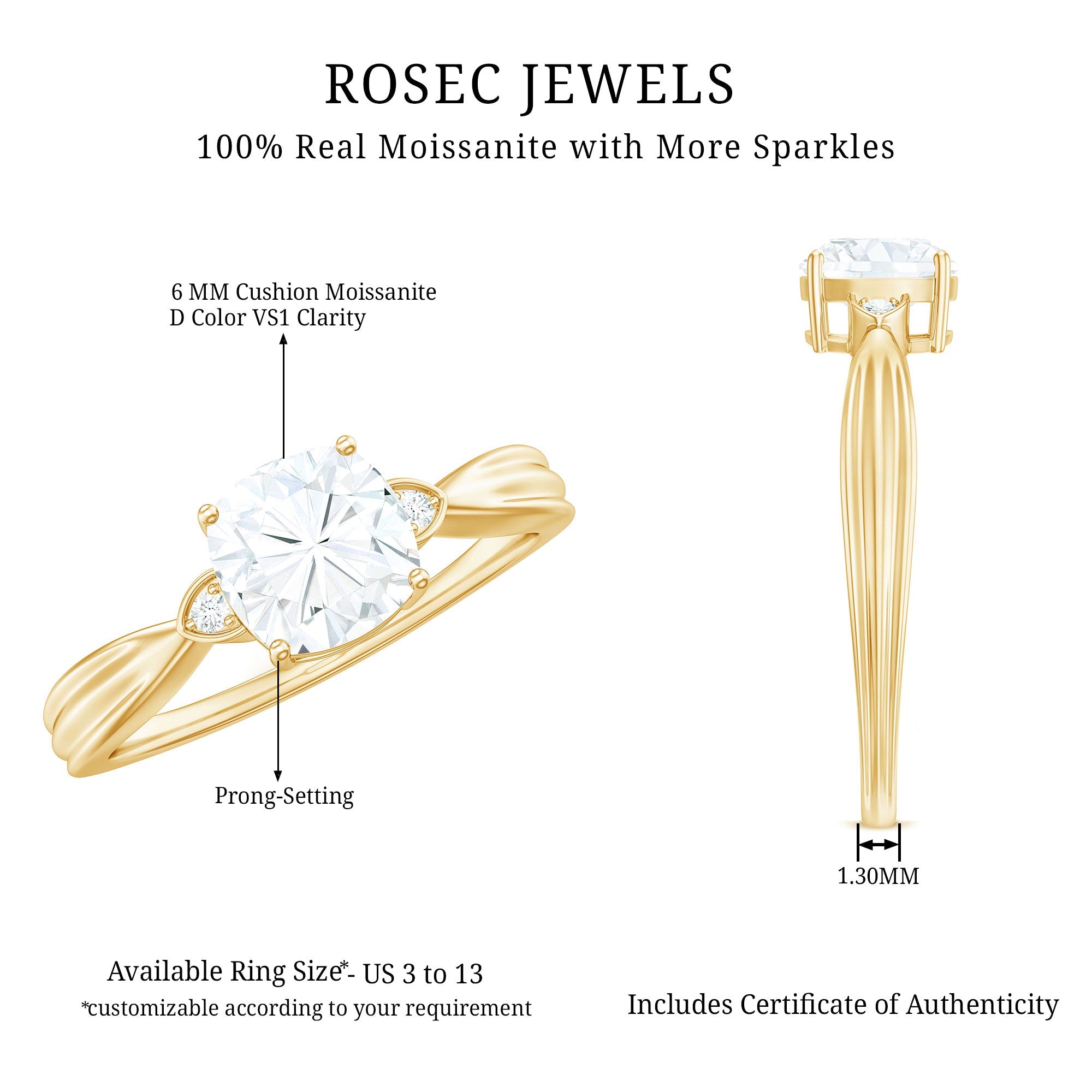 Brilliant Cut 1.7 Carat Moissanite Cushion Engagement Ring