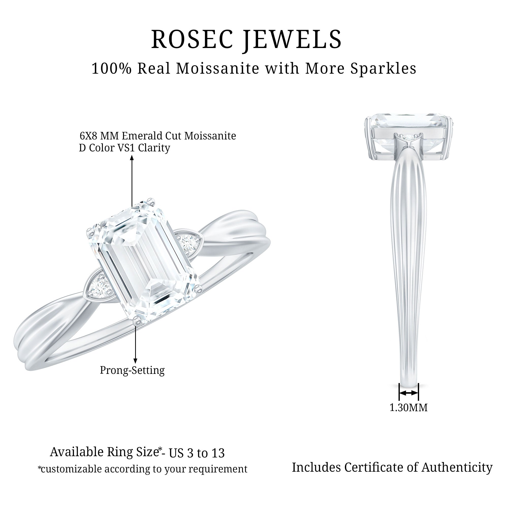 1.8 Carat Emerald Cut Certified Moissanite Engagement Ring for Women