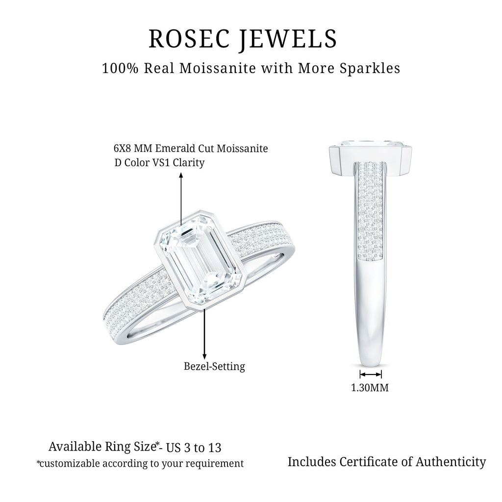 1.8 Carat Emerald Cut Moissanite Bezel Set Engagement Ring with Side Stones