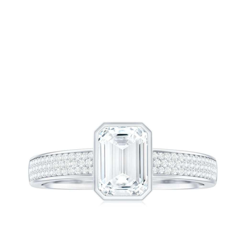 1.8 Carat Emerald Cut Moissanite Bezel Set Engagement Ring with Side Stones