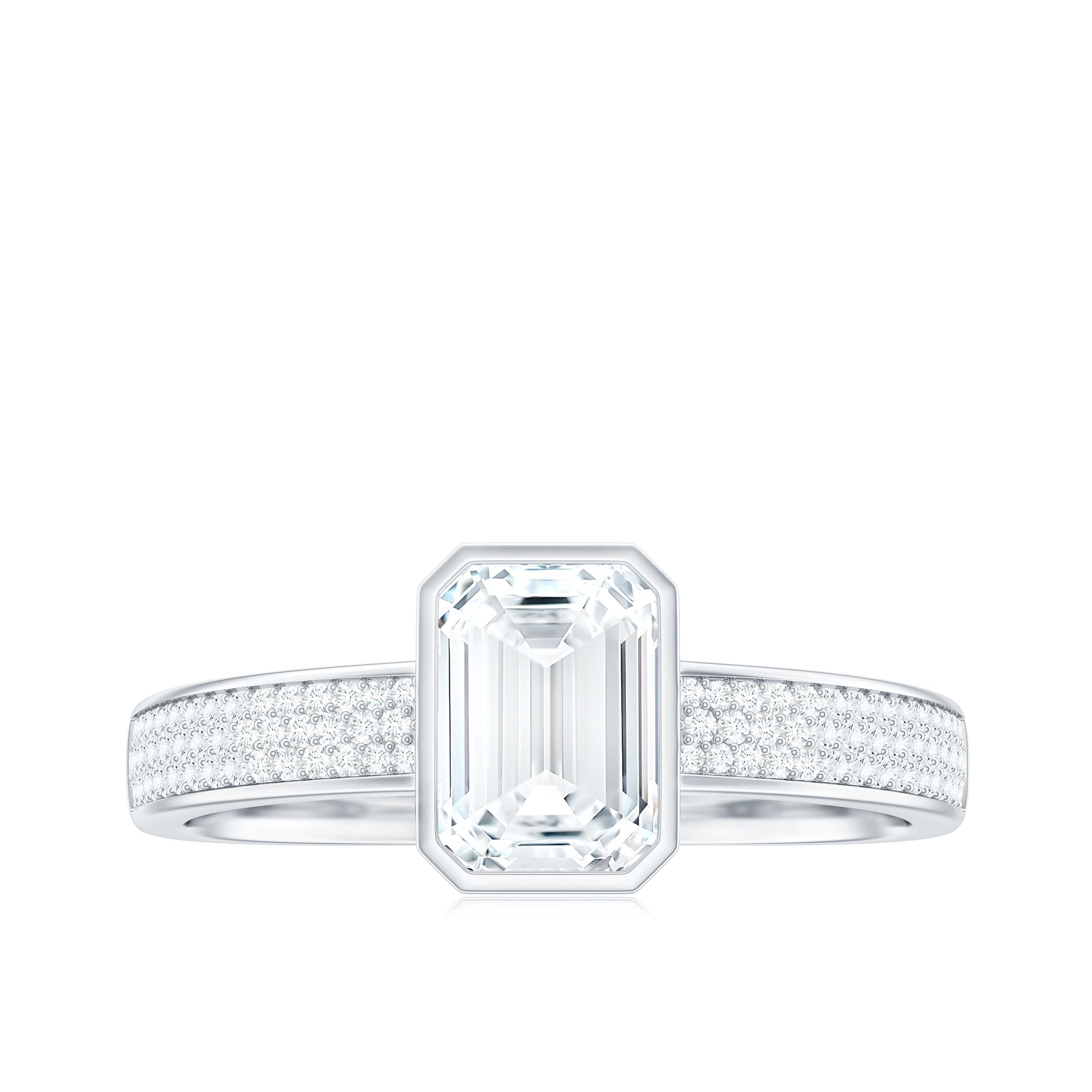 1.8 Carat Emerald Cut Moissanite Bezel Set Engagement Ring with Side Stones